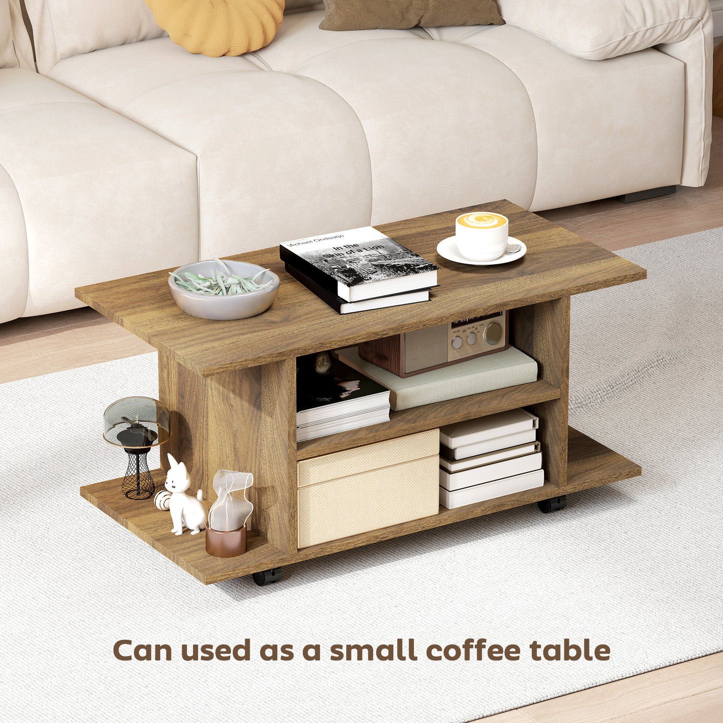 HOMCOM Modern TV Cabinet Stand With Storage Shelves Mobile Bookcase Walnut Casters