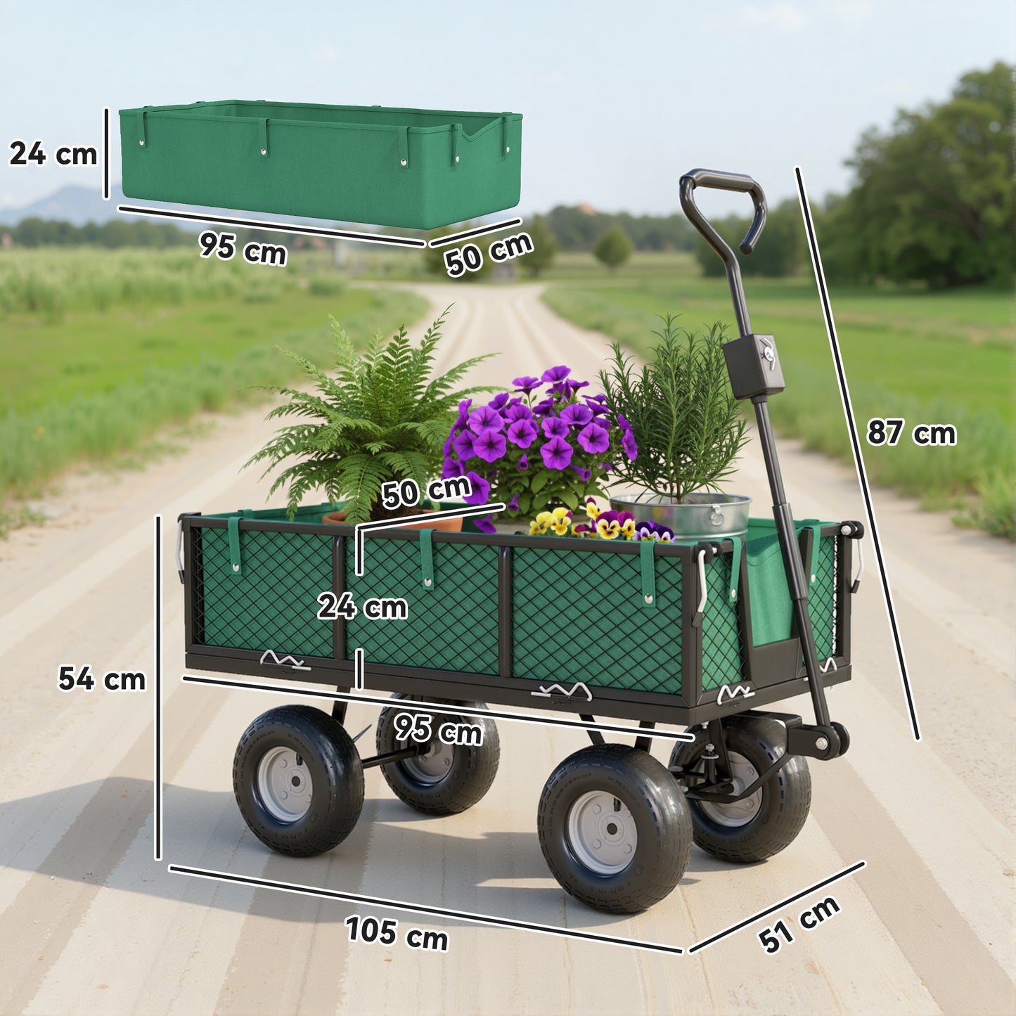 Outsunny 114L Steel Frame Garden Cart Trolley Green With Removable Waterproof Bag