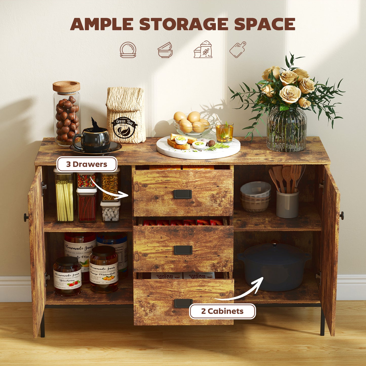 HOMCOM Modern Rustic Brown Sideboard With Storage Cabinets Three Drawers And Adjustable Shelves