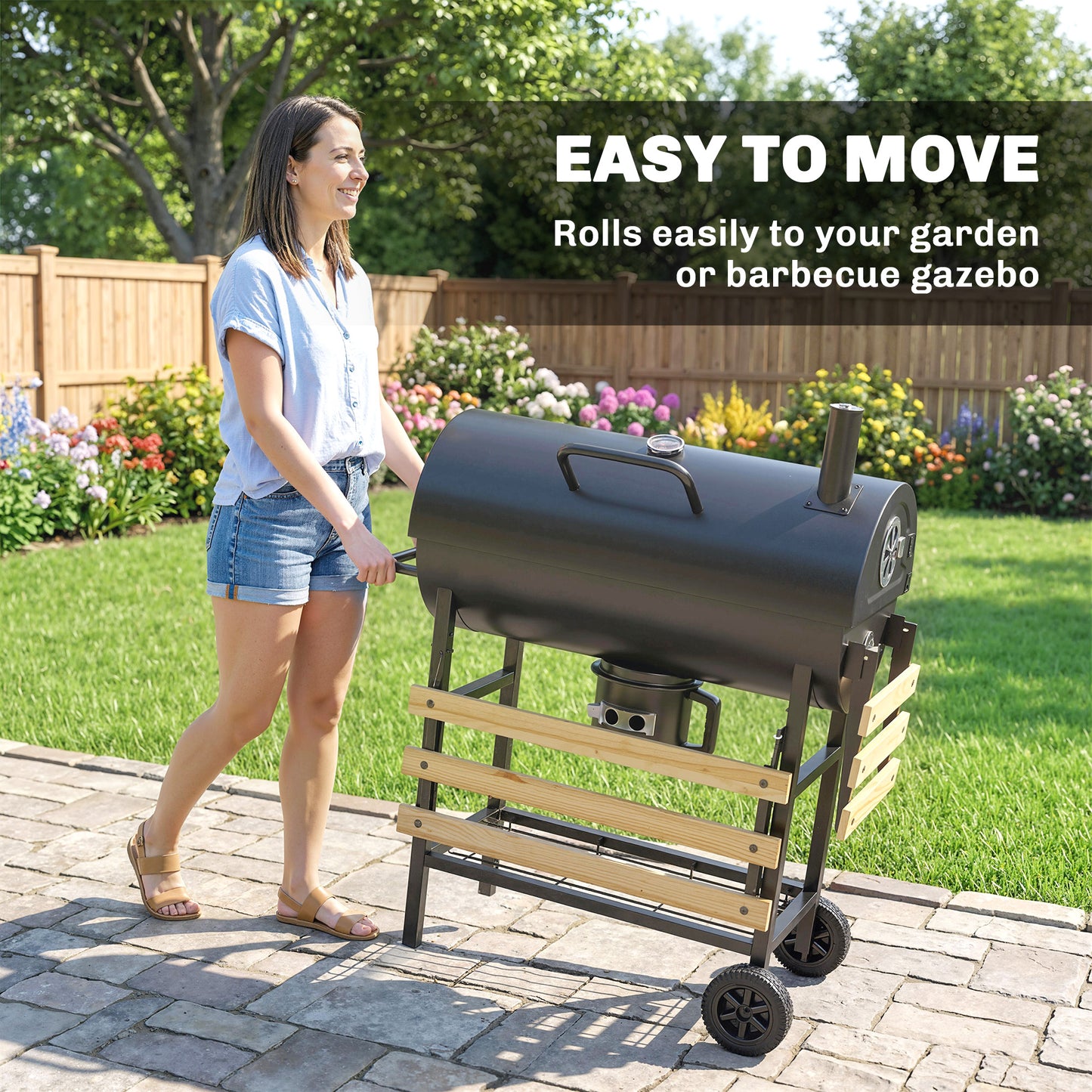 Outsunny Charcoal Grill Barrel BBQ Smoker With Warming Rack And Foldable Shelves Natural Wood And Black