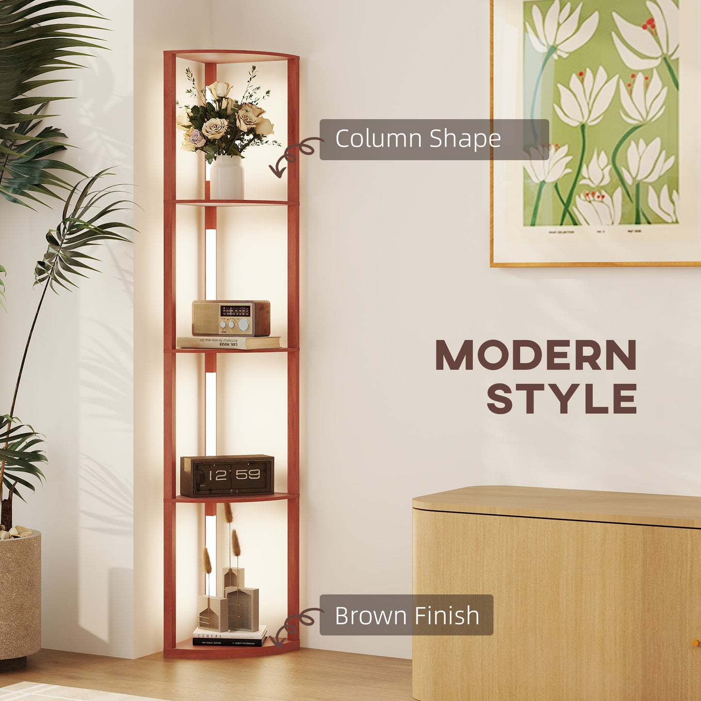 HOMCOM Corner Floor Lamp for Living Room and Bedroom with Dimmable Warm White LED Modern Tall Standing Lamp in Brown