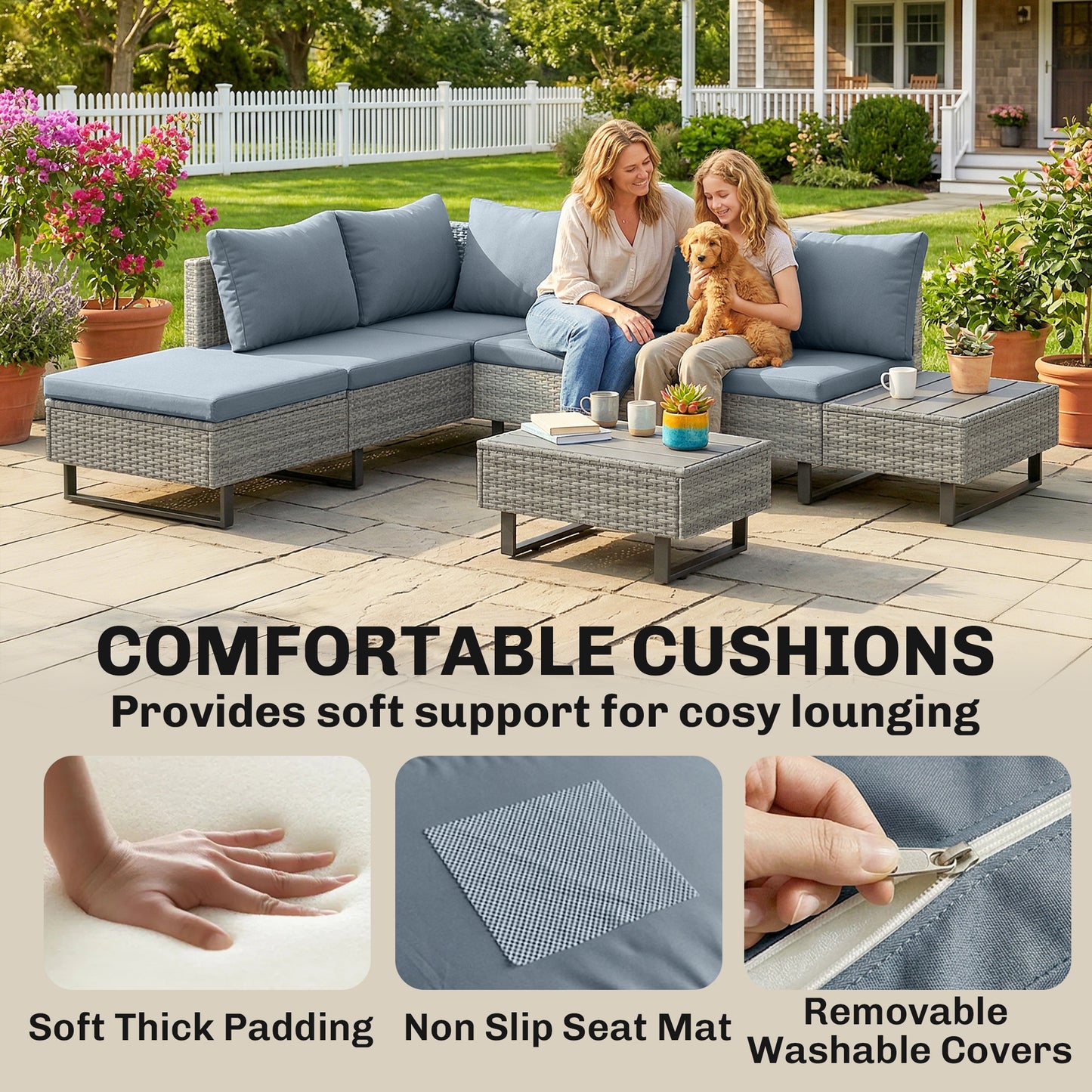 Outsunny 5 Seater Rattan Garden Furniture Set L Shaped Corner Sofa With Adjustable Back And Faux Wood Table Tops Grey