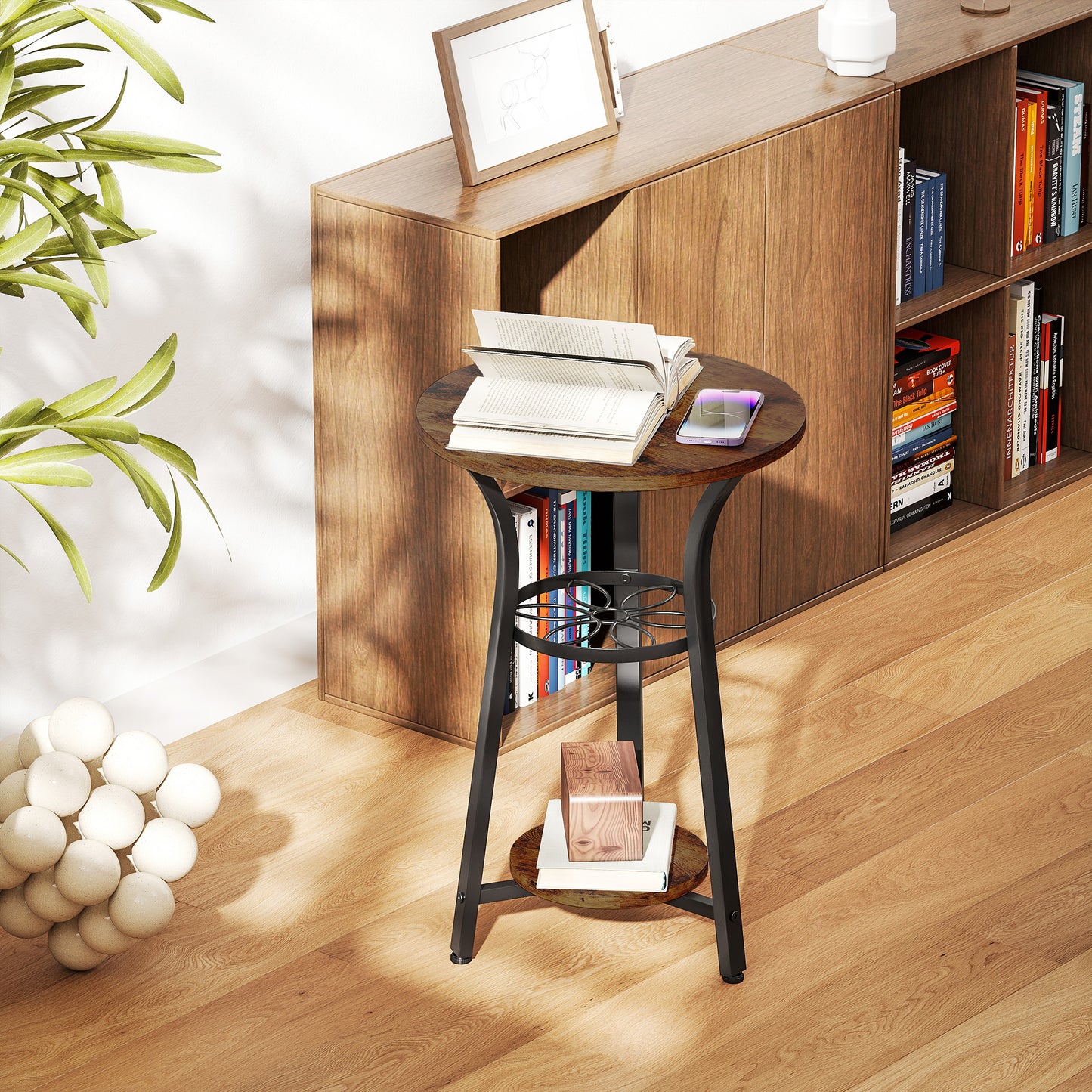 HOMCOM Small Round Side Table With Three Storage Shelves Rustic Brown And Black Metal Frame End Table
