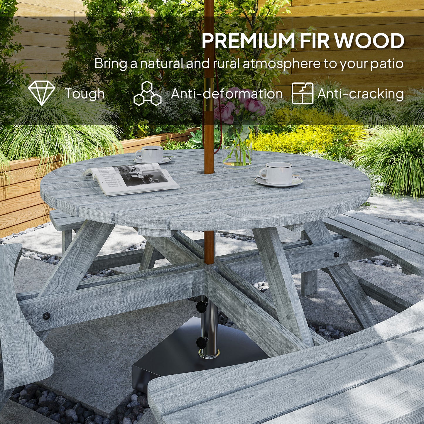Outsunny 8 Seater Wooden Picnic Set Solid Fir Wood For Garden Patio Outdoor Dining And Entertaining