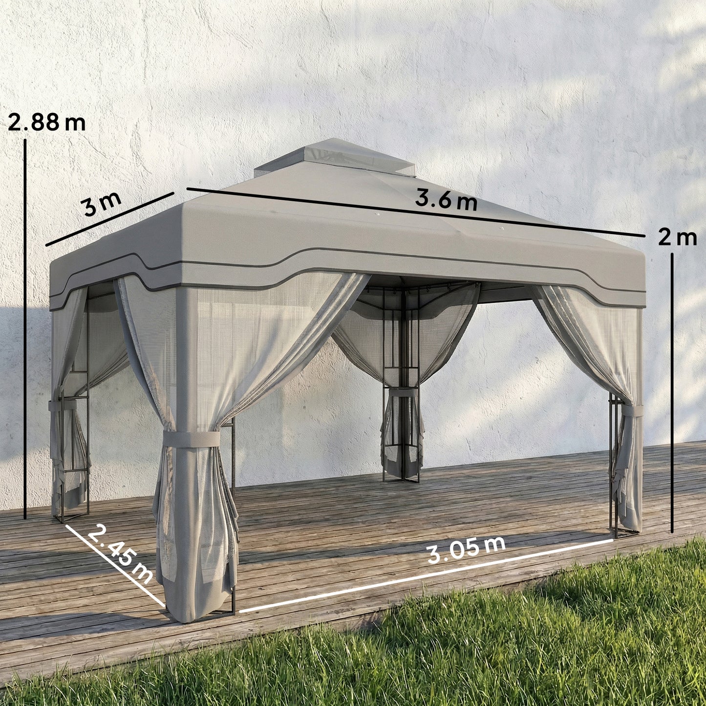 Outsunny 3 X 3.6 m Outdoor Garden Gazebo With Post Shelves UPF50 Plus Roof Mesh Panels Dark Grey