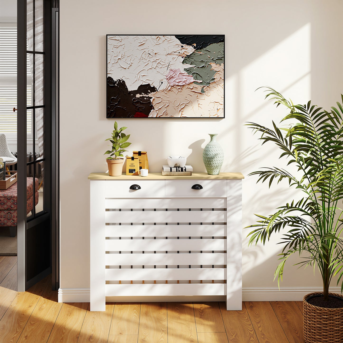 HOMCOM Slim Radiator Cover With Drawer White Slatted Design 95.5 H x 111 W cm MDF and Particle Board