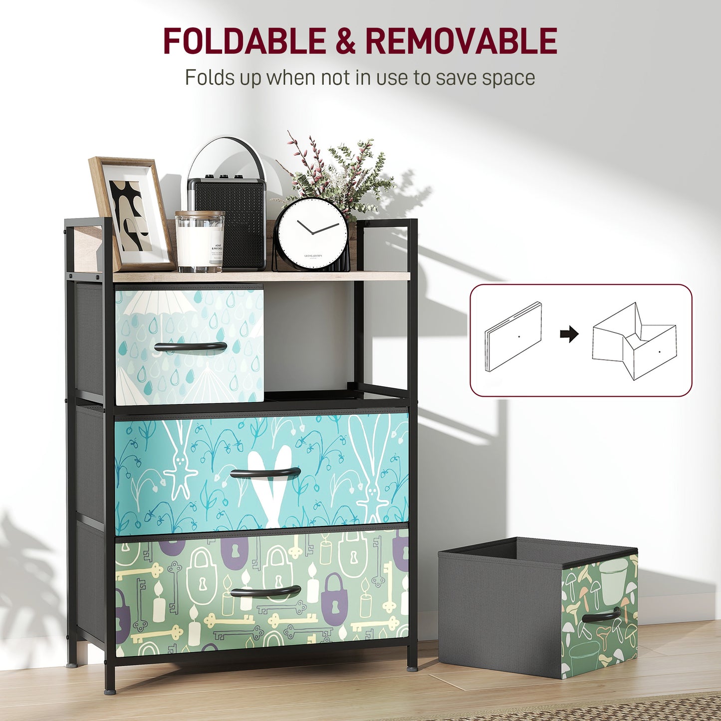 HOMCOM 4 Drawer Chest of Drawers in Blue with Removable Fabric Drawers and Patterned Panels for Stylish Bedroom Storage