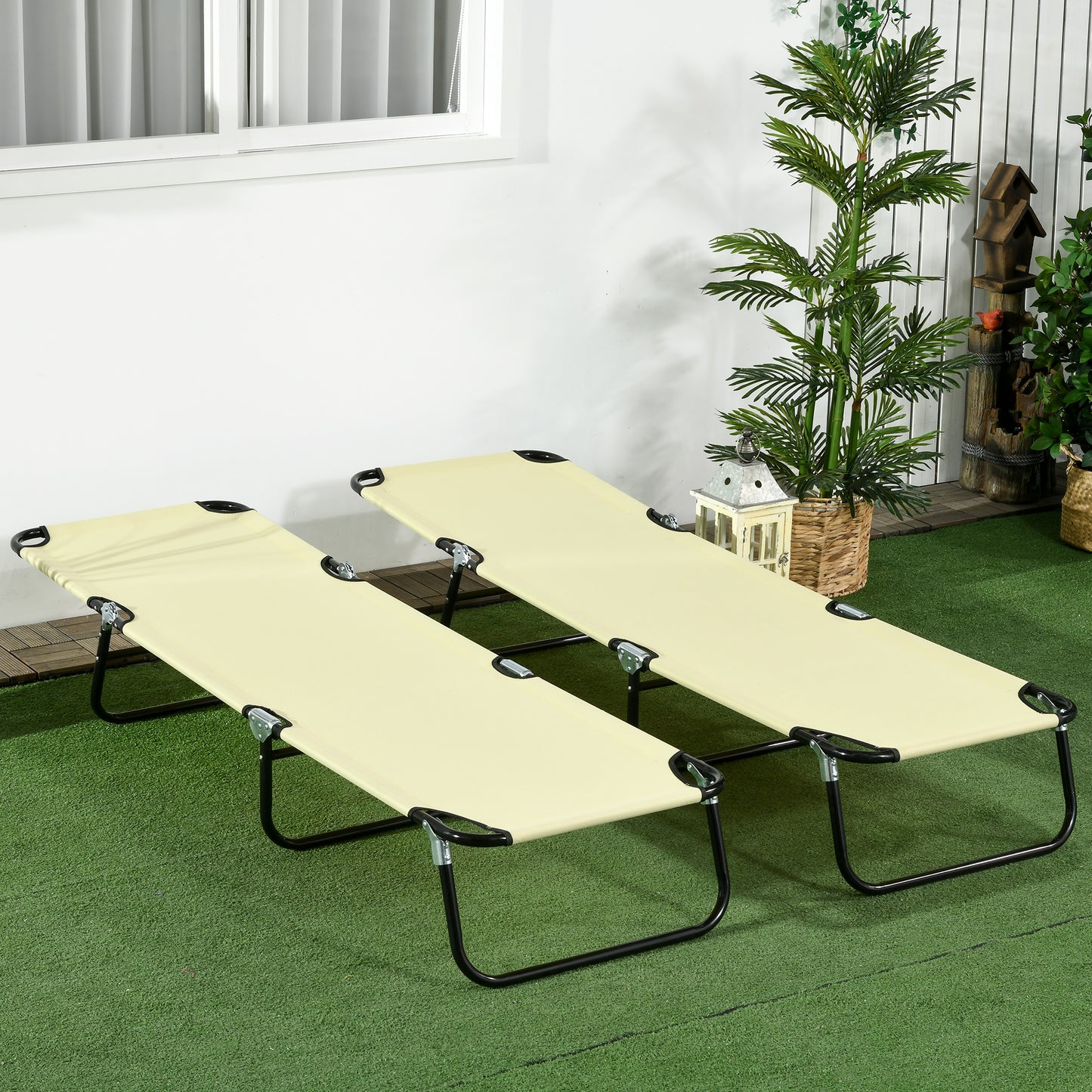 Outsunny Set of Two Metal Frame Folding Sun Loungers Beige With Five Position Reclining Backrest
