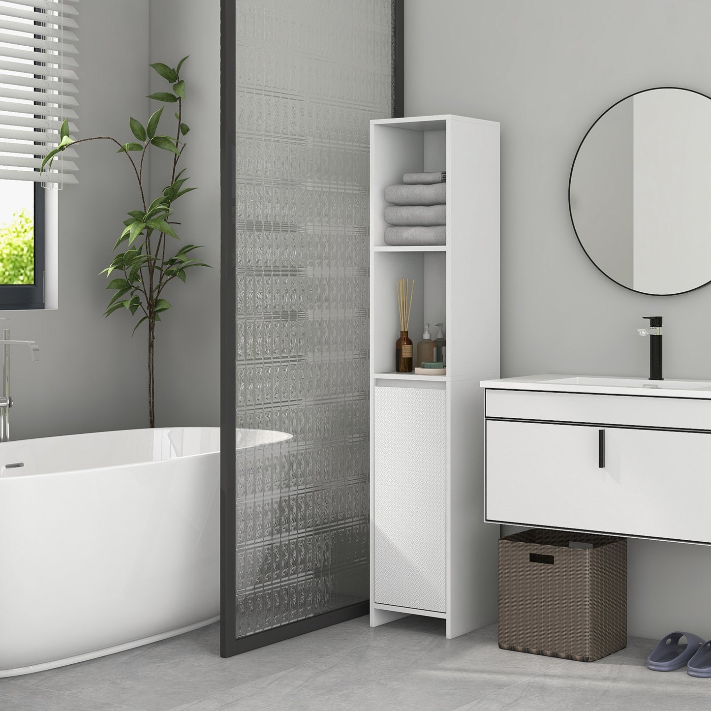 HOMCOM Narrow Tall Bathroom Cabinet White Slim Freestanding Storage Cupboard With Two Open Compartments And Inner Shelf