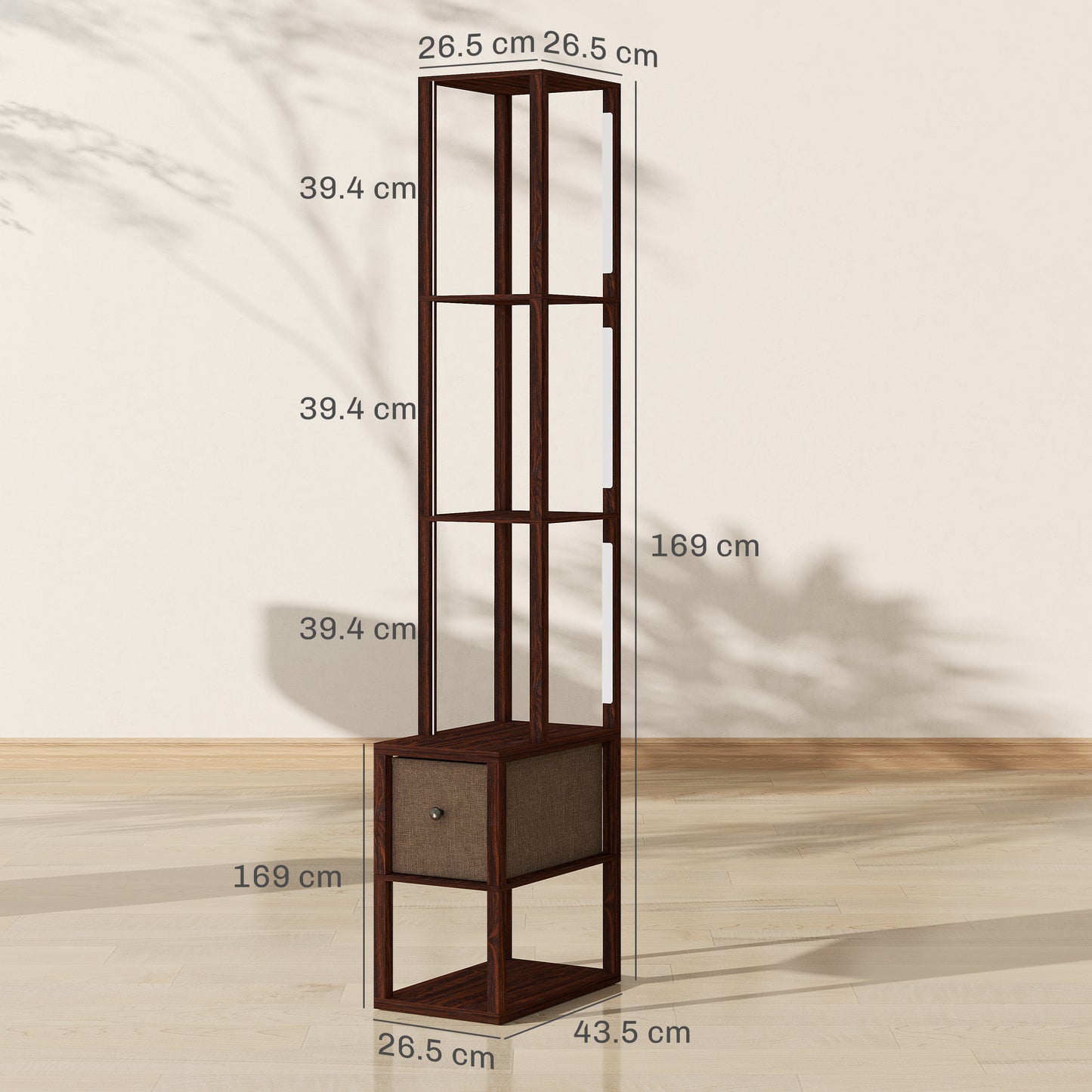 HOMCOM Floor Lamp With Shelves And Fabric Drawer LED Column Standing Lamp Adjustable Brightness Foot Switch Dark Brown