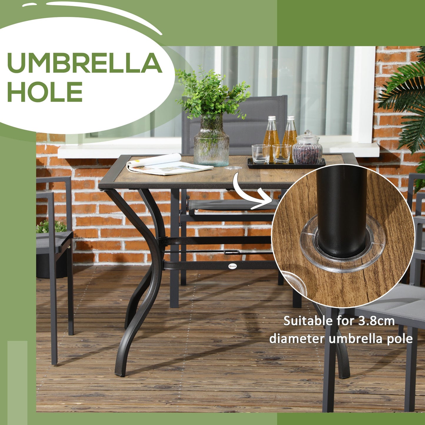 Outsunny Stylish Brown Outdoor Dining Table with Parasol Umbrella Hole, Easy-Clean Surface, Perfect for Patios and Gardens - ALL4U RETAILER LTD