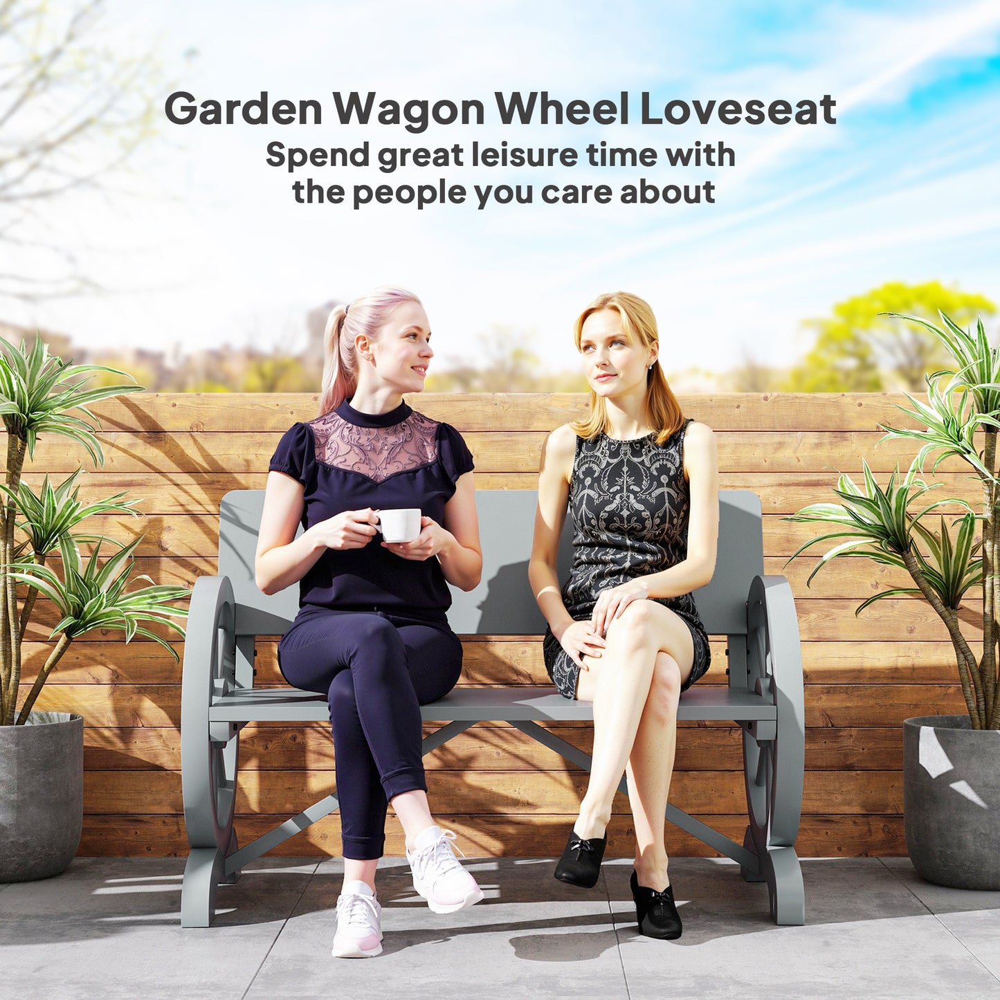 Outsunny Fir Wood Two Seater Outdoor Garden Bench With Wagon Wheel End Designs Grey Patio Furniture