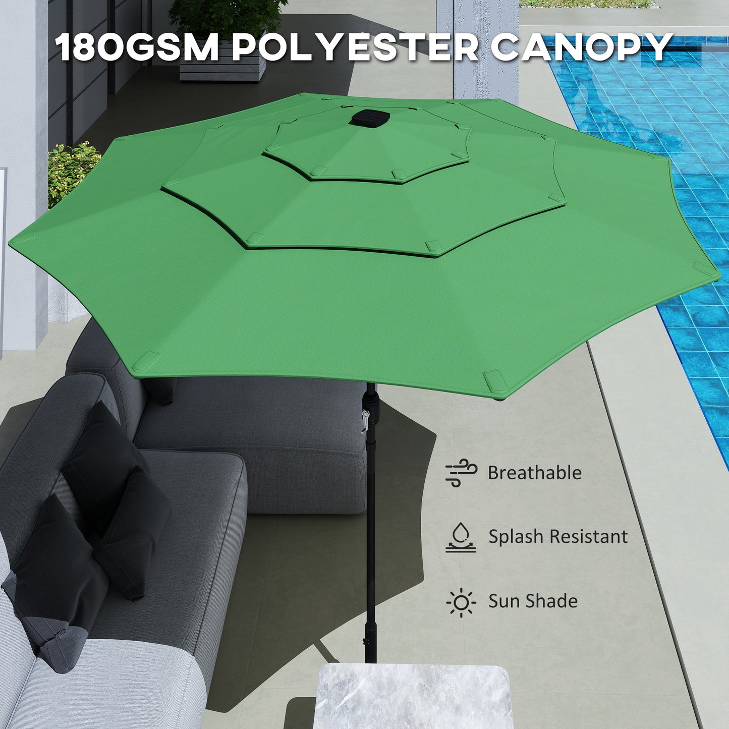 Outsunny Garden Parasol With 3 Tier Roof And Crank Handle Tilt Function Polyester Canopy In Green