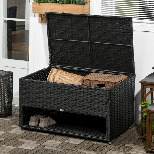 Outsunny Black Rattan Outdoor Storage Box with Shoe Compartment - Weatherproof Garden Deck Cabinet - ALL4U RETAILER LTD