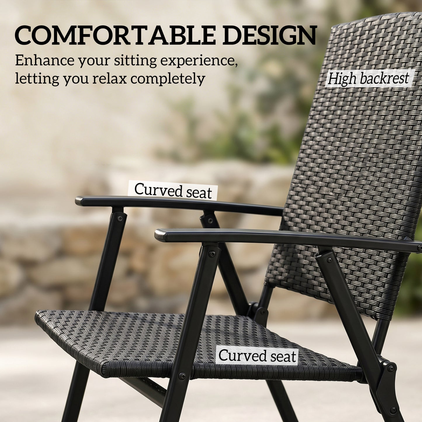 Outsunny Set Of Two Folding Rattan Chairs Black Outdoor Weather Resistant Steel Frame
