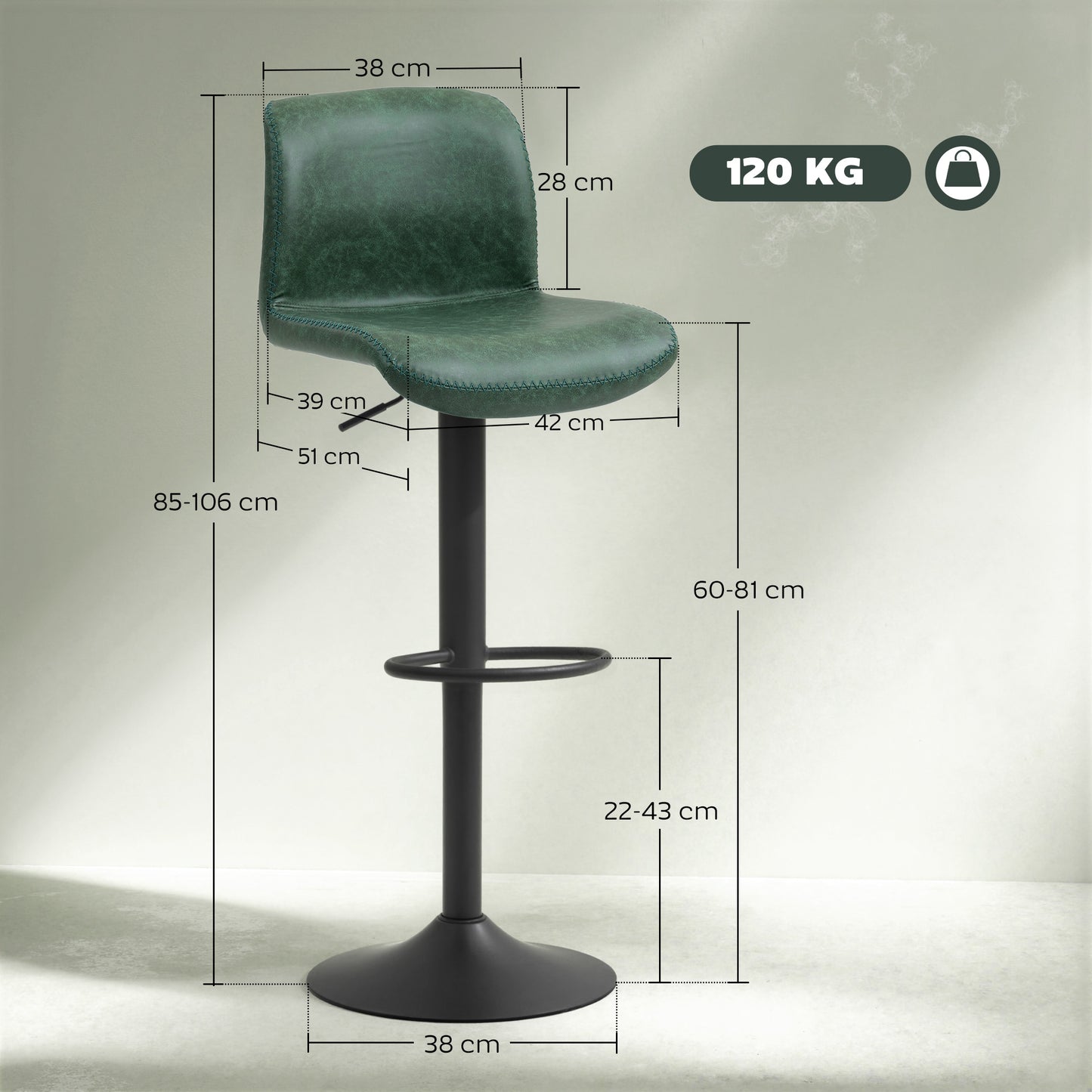 HOMCOM Bar Stools Set Of 2 Green PU Leather Backrest And Footrest Adjustable Breakfast Bar Kitchen Counter Barstools