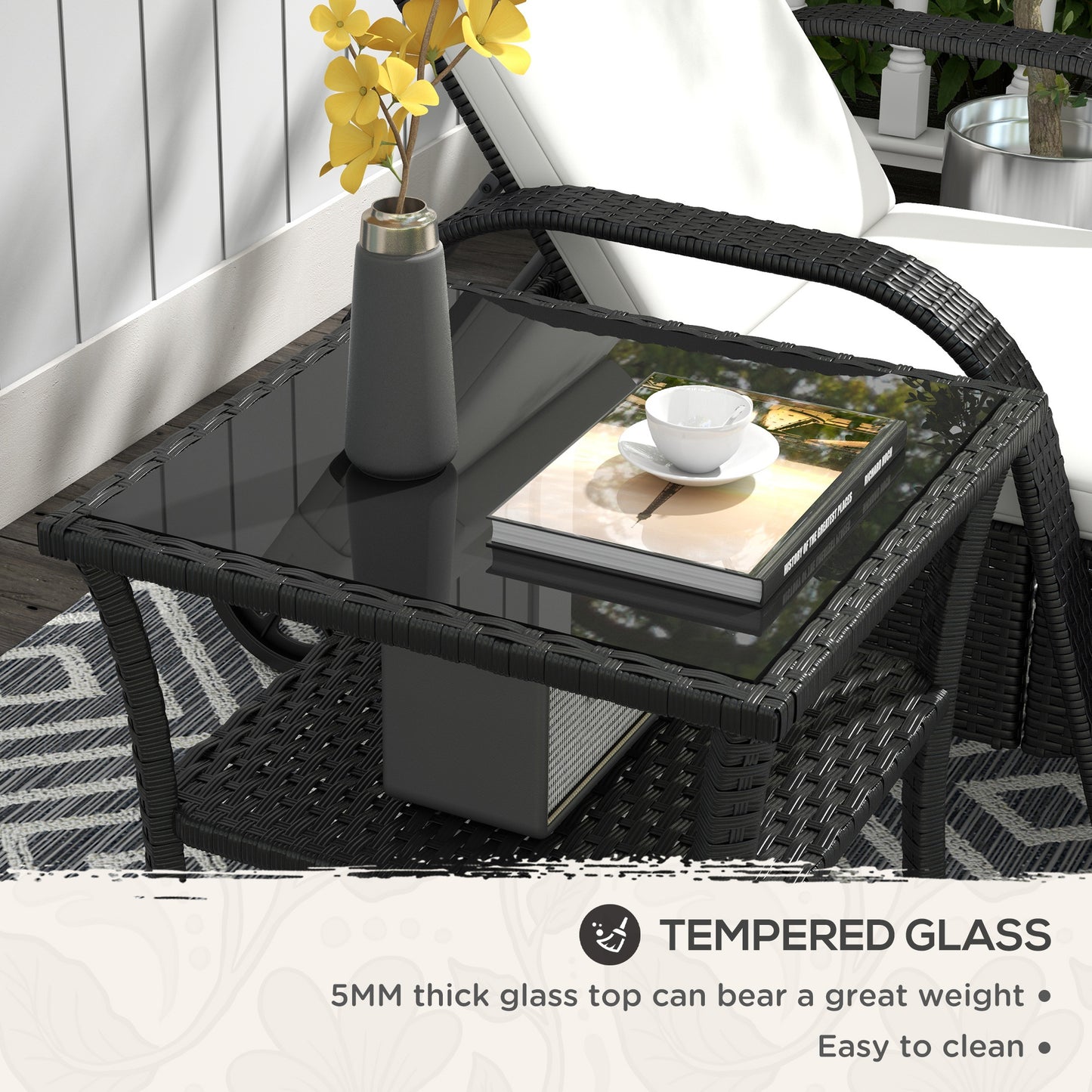 Outsunny Two Tier PE Rattan Square Coffee Table With Glass Top For Outdoor Garden Black