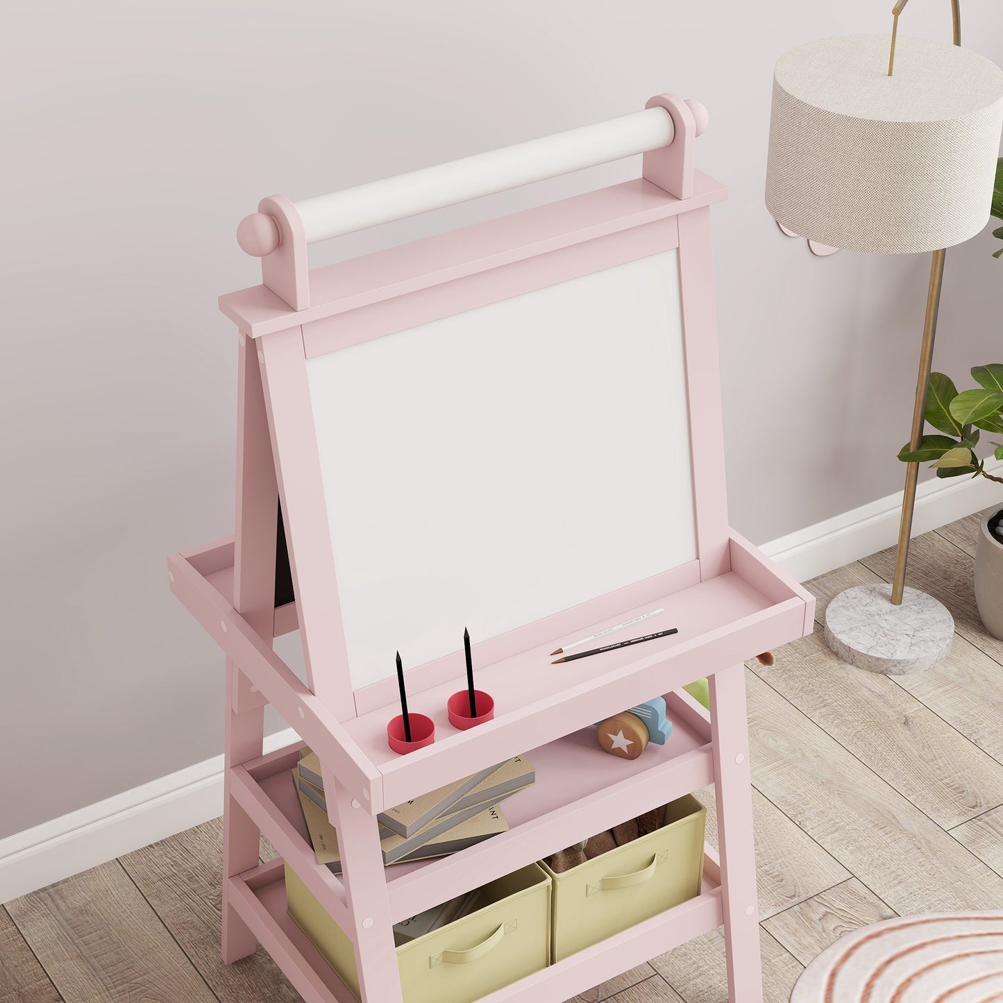 AIYAPLAY 3 In 1 Kids Easel Double Sided Magnetic Whiteboard And Chalkboard With Paper Roll And Storage Baskets Pink