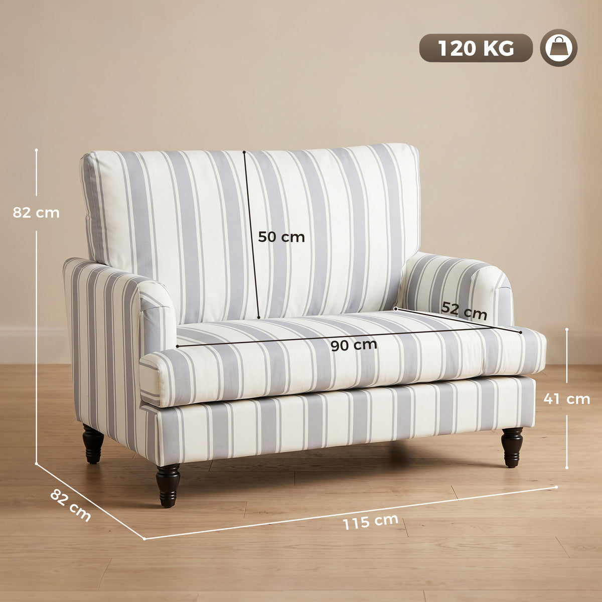 Grey striped velvet armchair with wide seat, rolled arms, and dark turned legs
