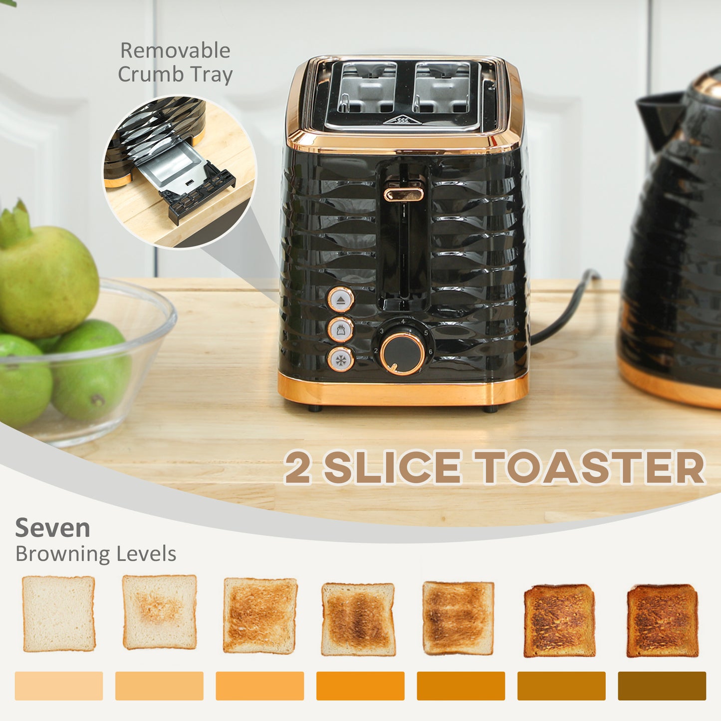 HOMCOM 3000W 1.7L Rapid Boil Kettle And 2 Slice Toaster Set With 7 Browning Levels And Crumb Tray Black