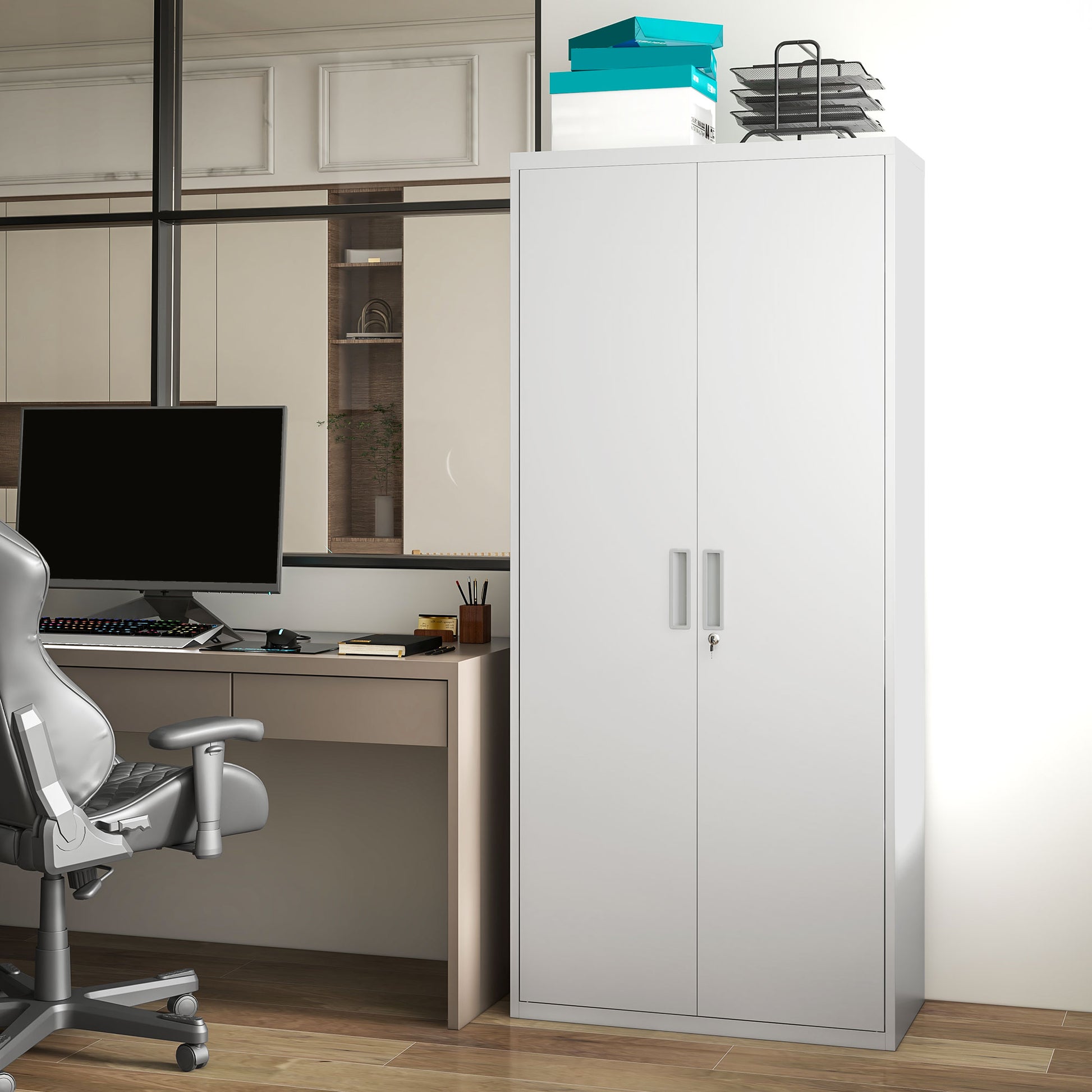 Vinsetto Stylish White Steel Filing Cabinet with Lockable Doors and Adjustable Shelves - ALL4U RETAILER LTD