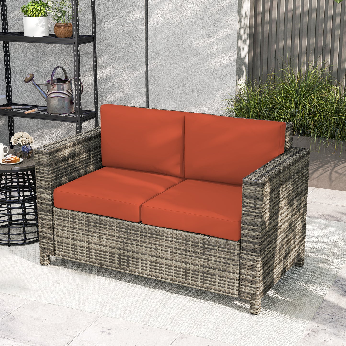 Outsunny Rattan 2 Seater Sofa With Soft Cushions Armrests Garden Loveseat For Patio Grey Water Resistant