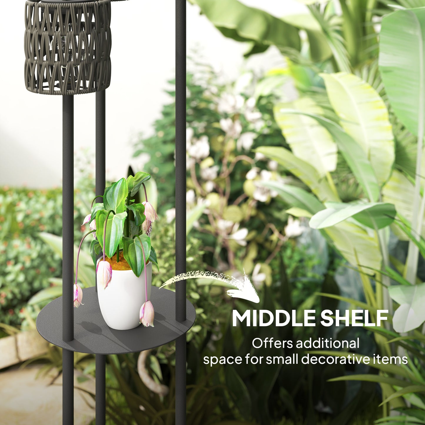 Outsunny Boho Rattan Floor Lamp With Shelf Freestanding Solar Garden Light Auto On Off Grey