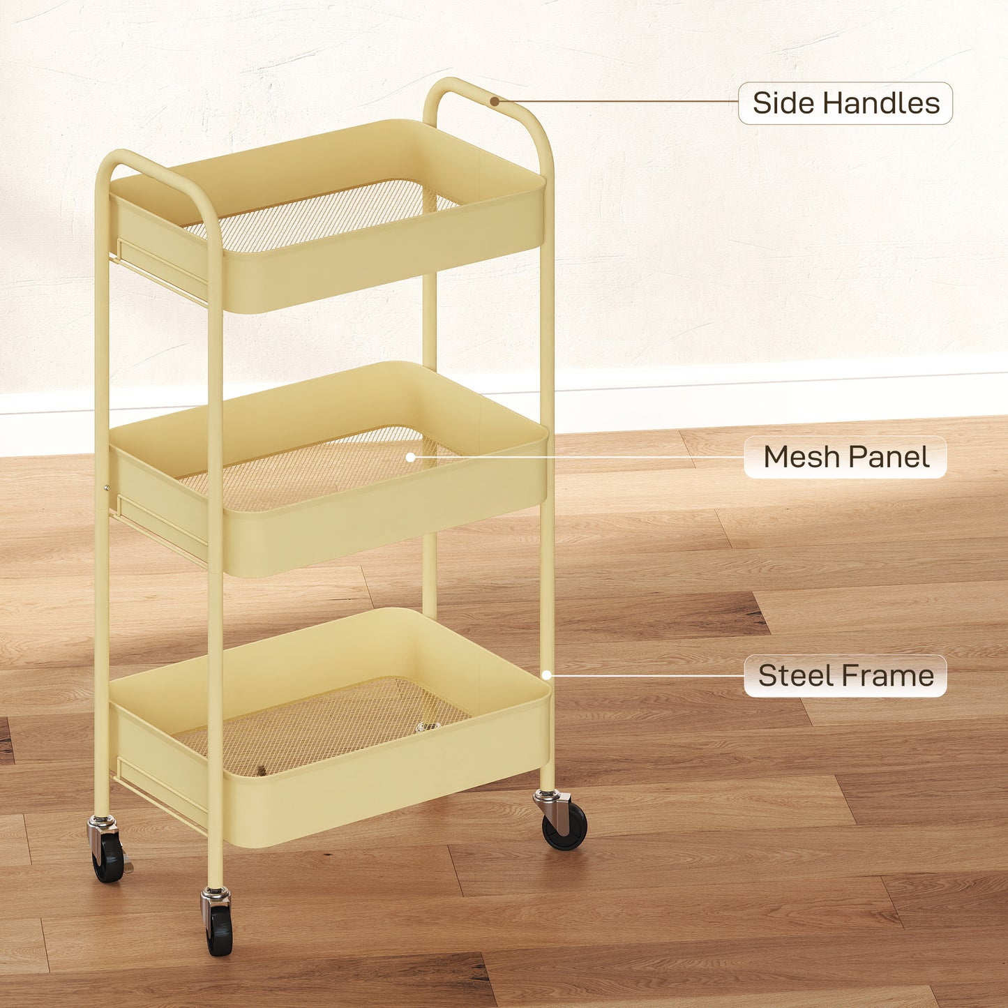 HOMCOM Three Tier Steel Storage Trolley With Baskets Yellow Rolling Cart For Kitchen Laundry Home Organization