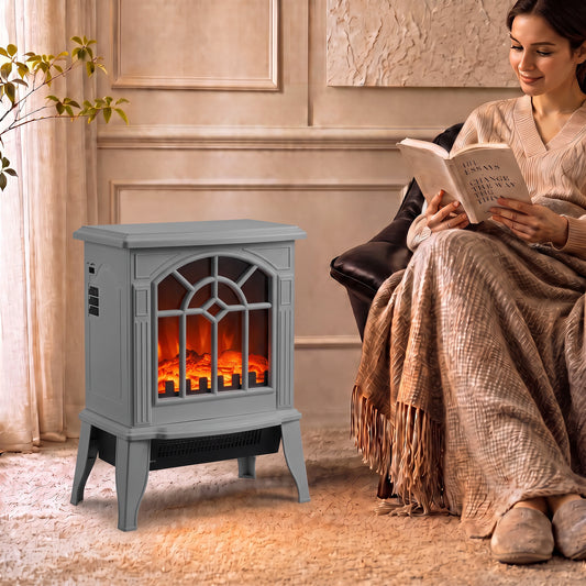 Gray freestanding electric log burner with arched window and glowing LED flames