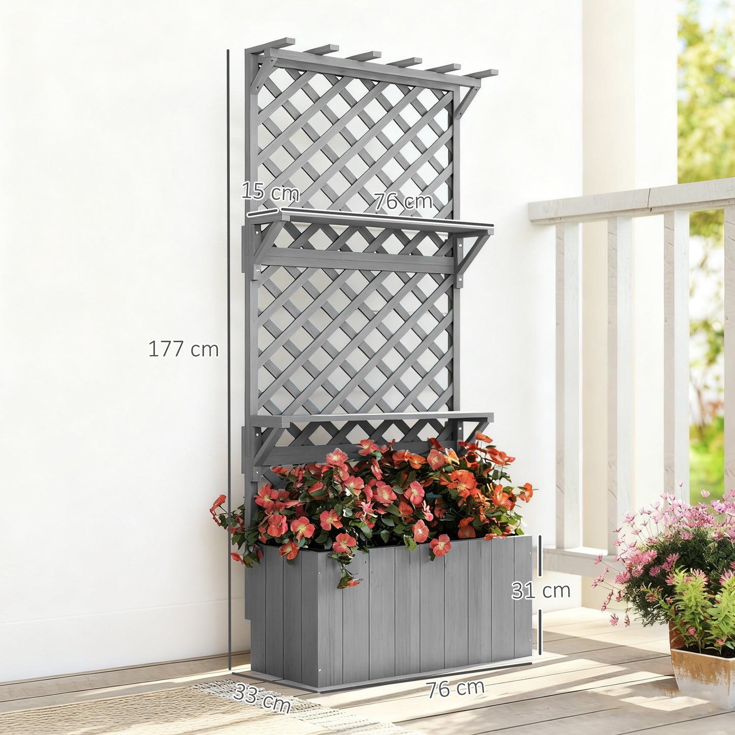 Outsunny 52L Fir Wood Planter With Trellis And Shelves Grey For Outdoor Use All Year