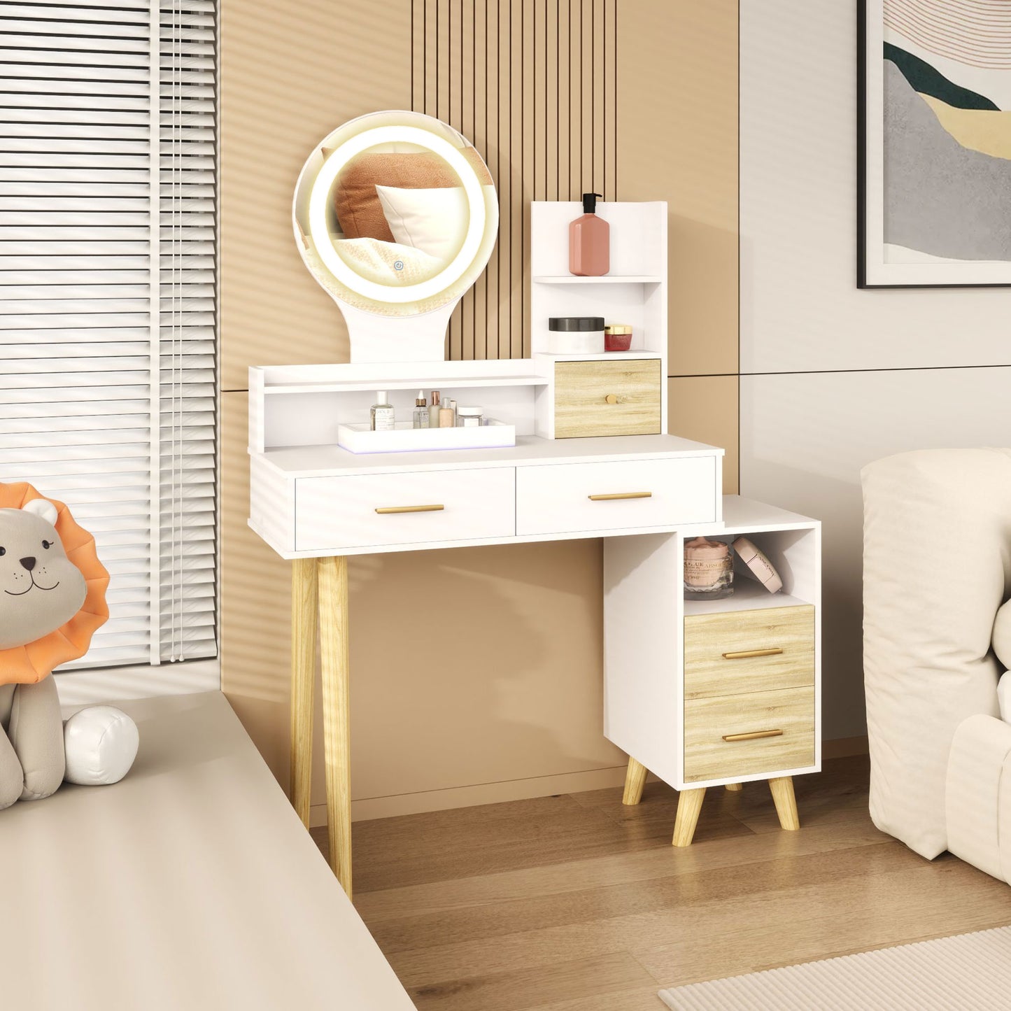 HOMCOM White Elegant Dressing Table With Ample Storage And LED Round Mirror Vanity Desk For Makeup