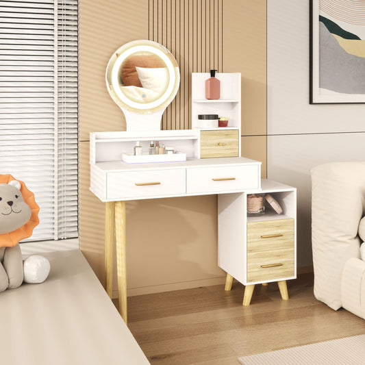 HOMCOM White Elegant Dressing Table With Ample Storage And LED Round Mirror Vanity Desk For Makeup
