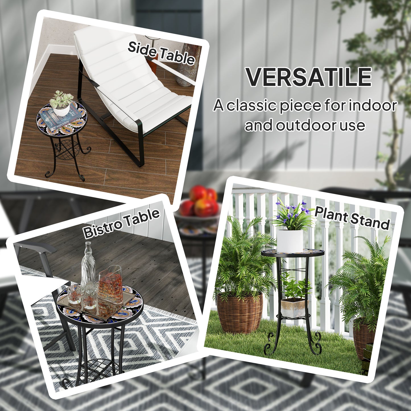 Outsunny Mosaic Round Garden Table With Shelf 35.5 cm Ceramic Tile Top Outdoor Patio Side Table Orange