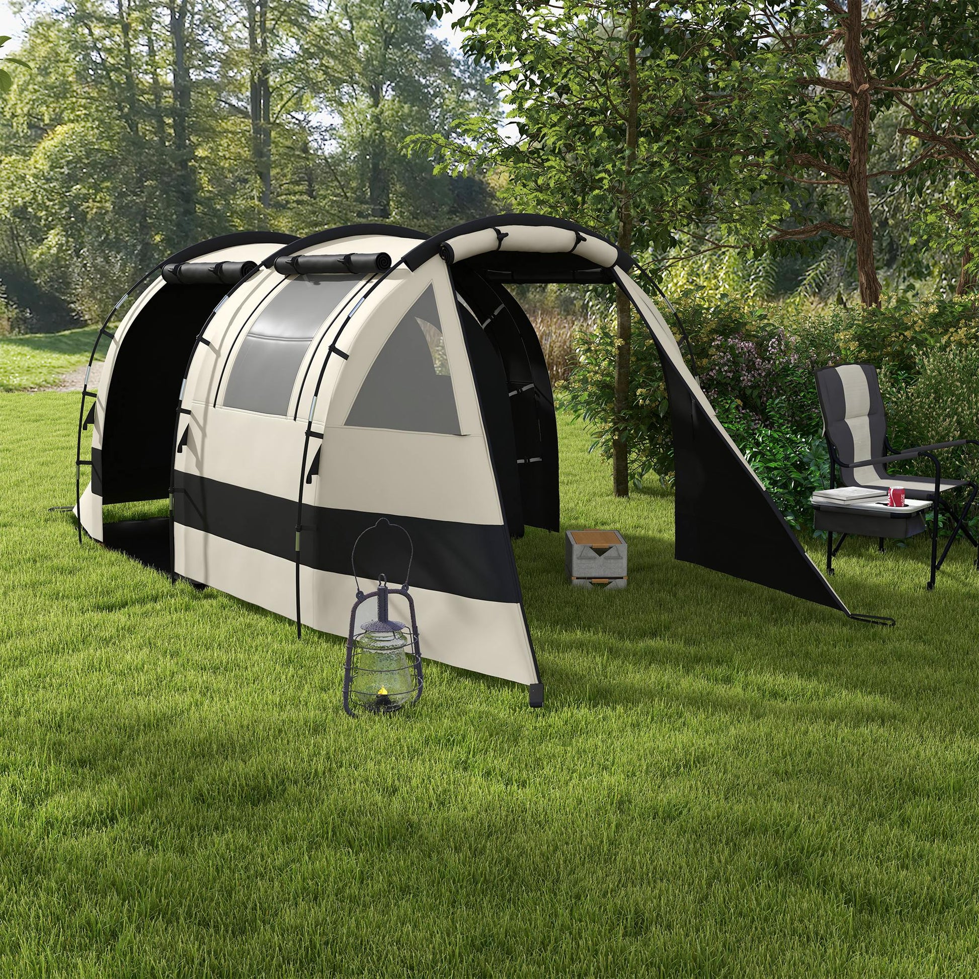 Outsunny Waterproof Blackout Tunnel Tent for 4-5 People with Bedroom and Living Space, Khaki - ALL4U RETAILER LTD