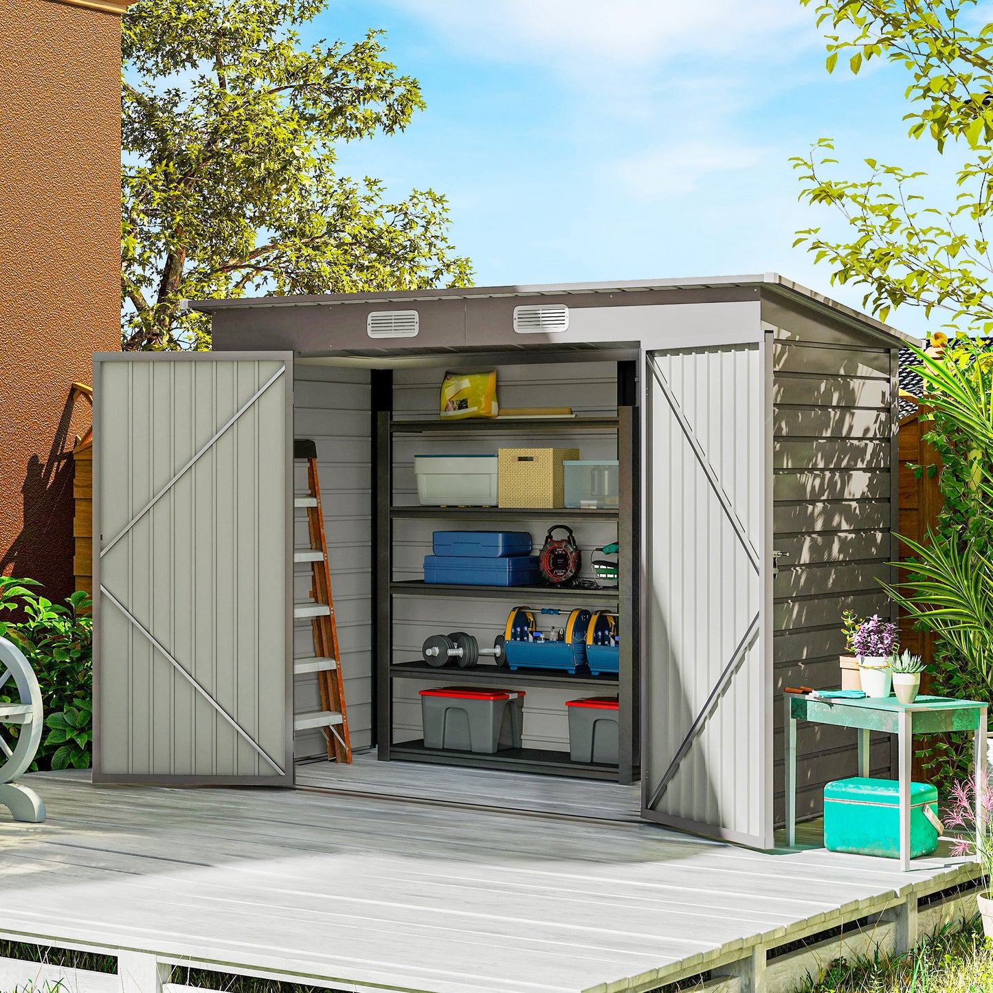 Outsunny 3.7 x 7.9ft Galvanised Steel Shed With Latched Door And Padlock Light Grey