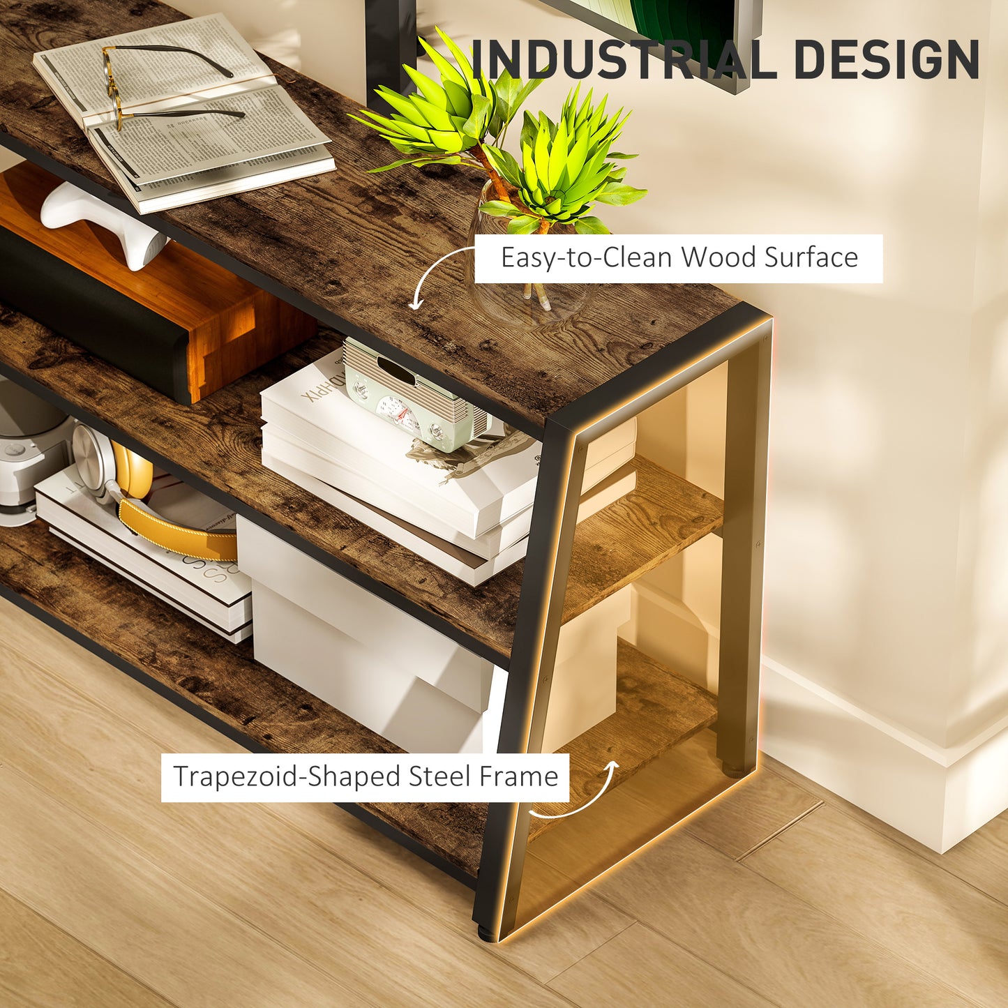 HOMCOM Industrial Style TV Stand With 35 Degree Swivel Bracket For 32 To 70 Inch TVs Dark Brown Steel Frame