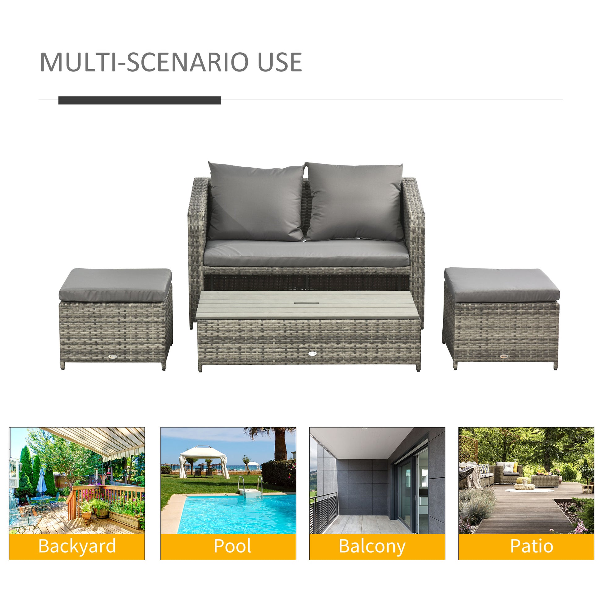 Outsunny Grey Outdoor Wicker Conversation Set - 4-Piece Garden Rattan Sofa, Footstools & Lift Top Coffee Table - ALL4U RETAILER LTD