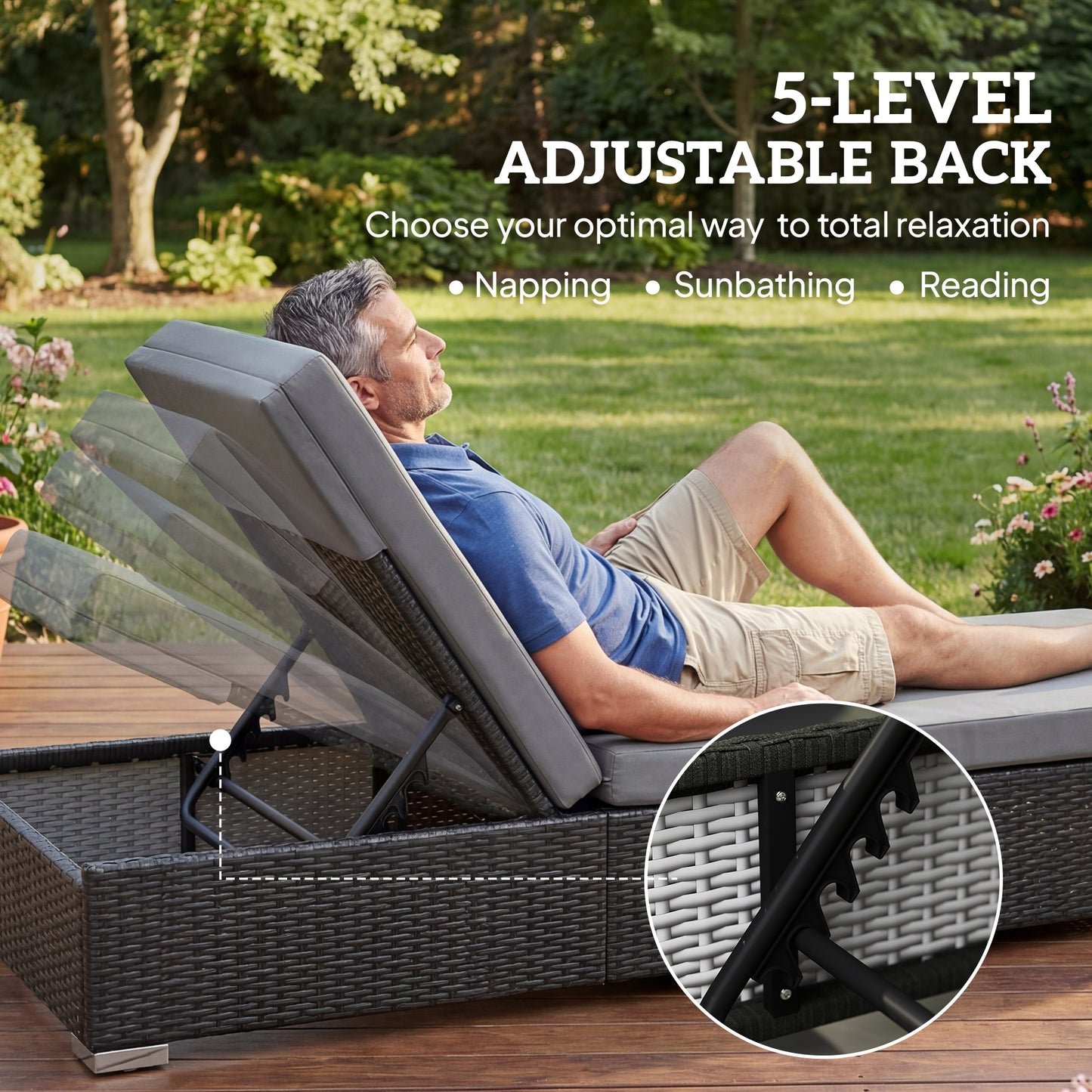 Outsunny Rattan Sun Loungers Set Of 2 With Side Table Garden Recliner Sunbeds Adjustable Back Cushions Dark Grey