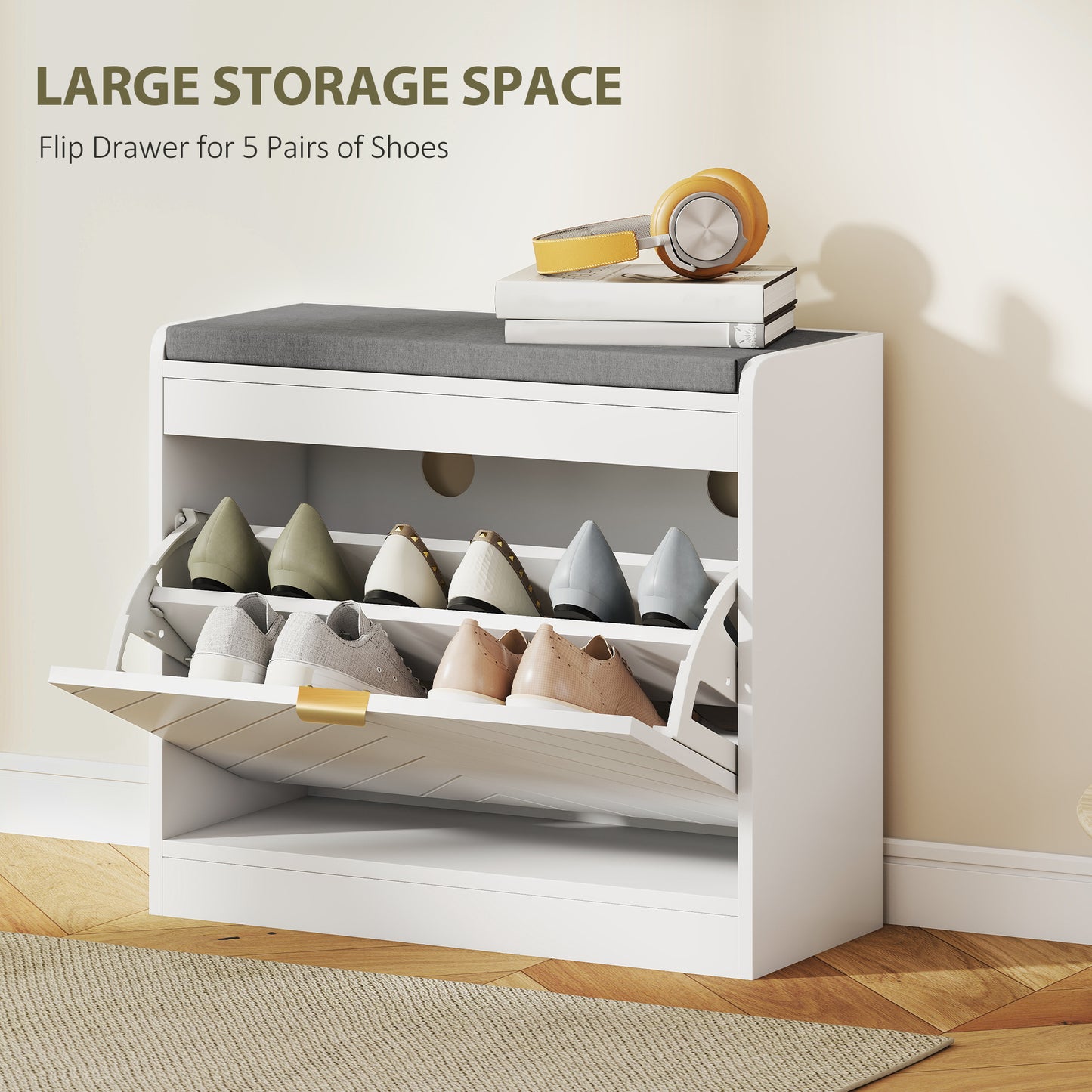 HOMCOM Upholstered Entryway Shoe Storage Bench With Seat And Flip Drawer And 4 Vents For 5 Pairs Shoes