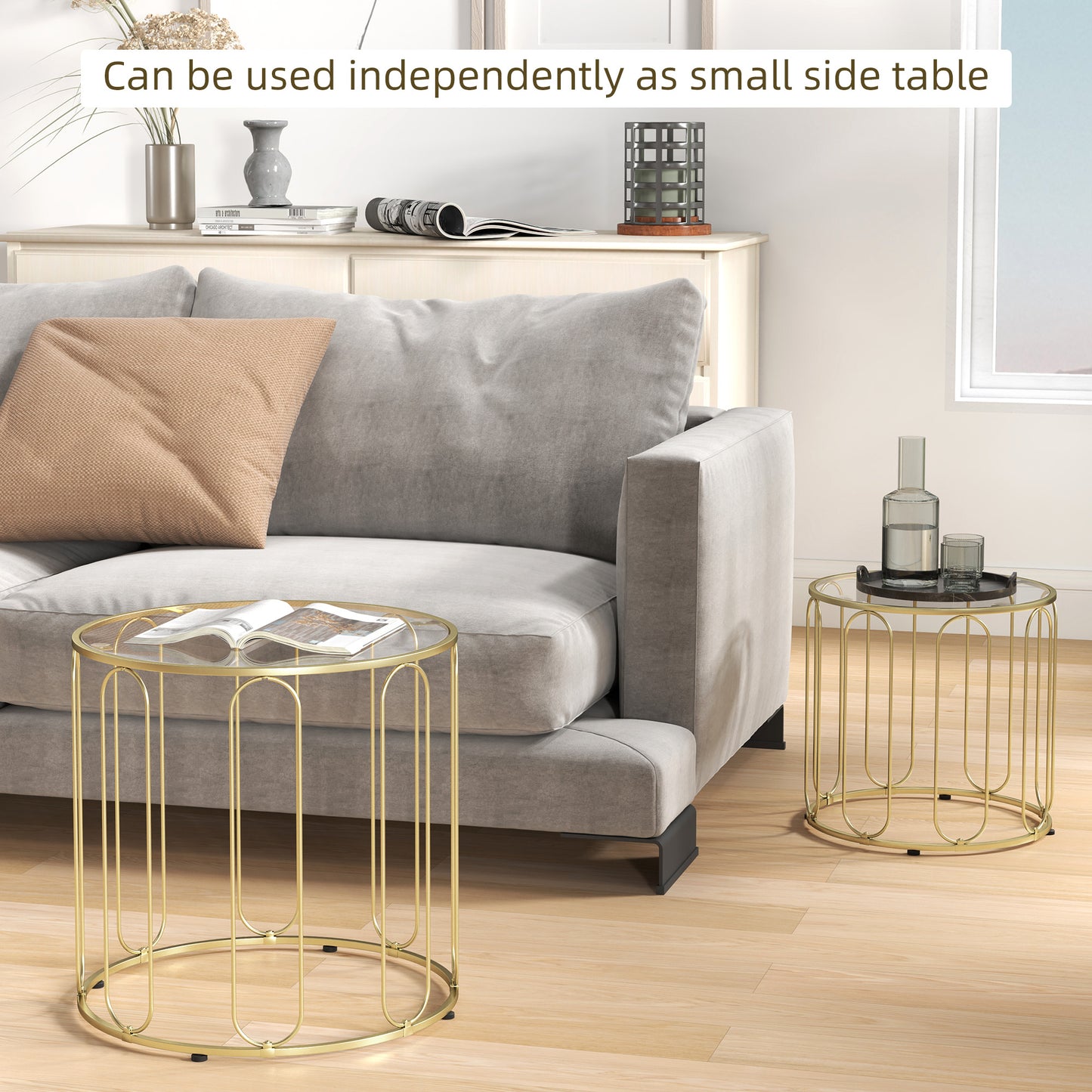 HOMCOM Elliptical Cutout Nesting Tables Gold Tone Glass Top With Metal Ring Frame Two Piece Coffee Table Set