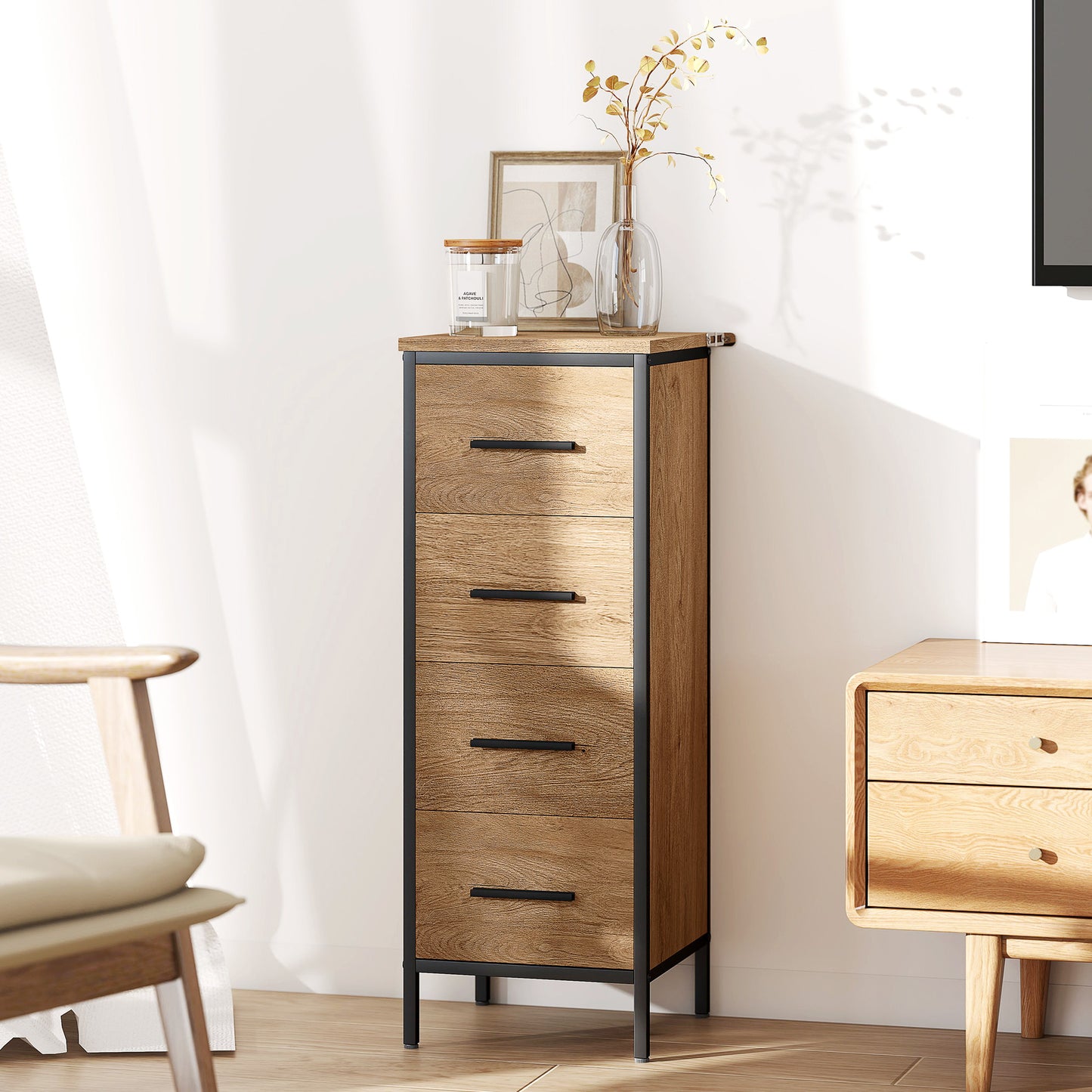 HOMCOM Narrow Bathroom Storage Cabinet With Four Drawers In Oak Finish For Small Bathrooms