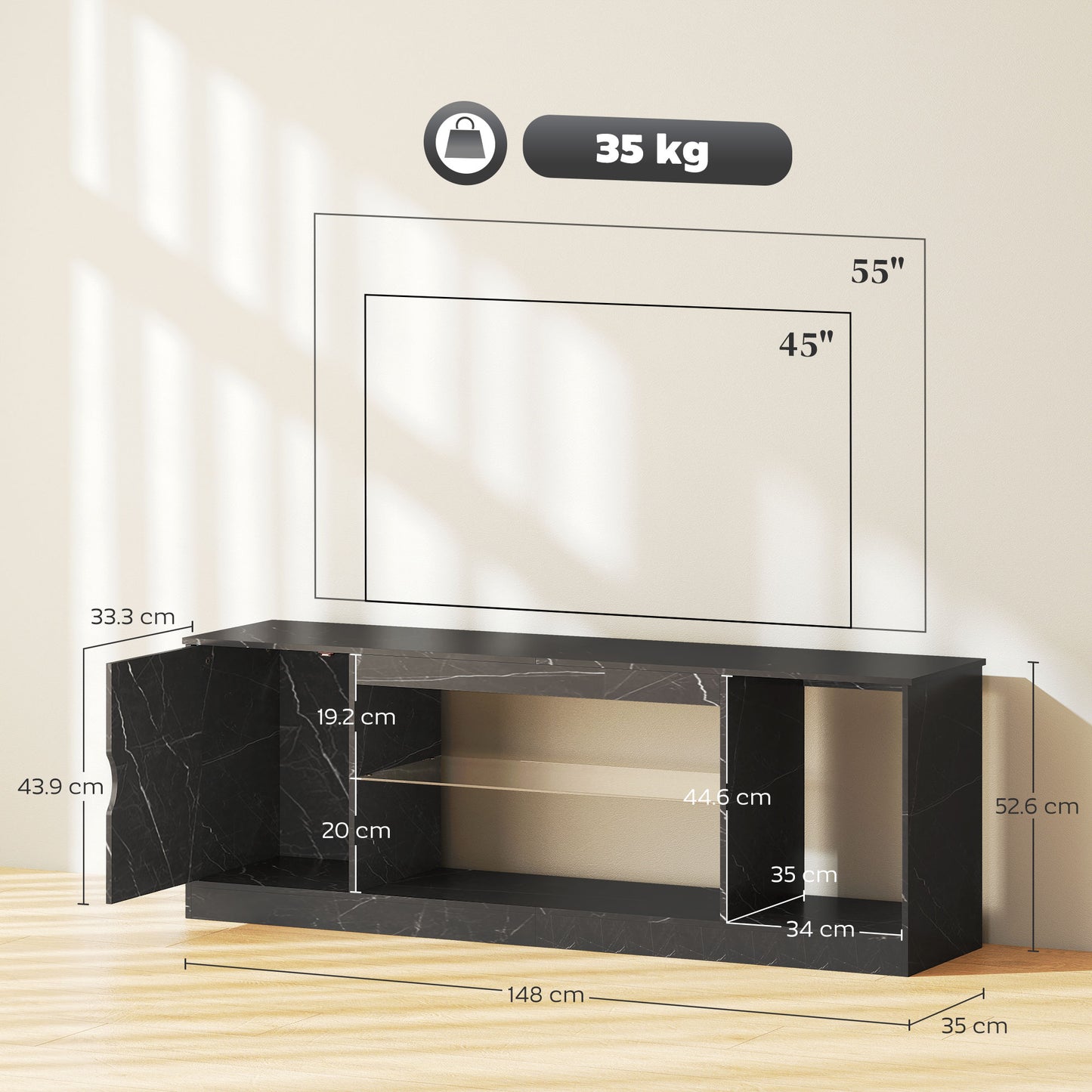 HOMCOM TV Stand Cabinet Black Marble Effect With Glass Shelf Storage Cabinet Entertainment Unit Up To 55 Inch TVs