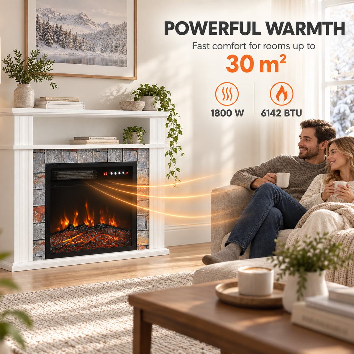 White electric fireplace TV stand with LED flame insert and glowing heat airflow.