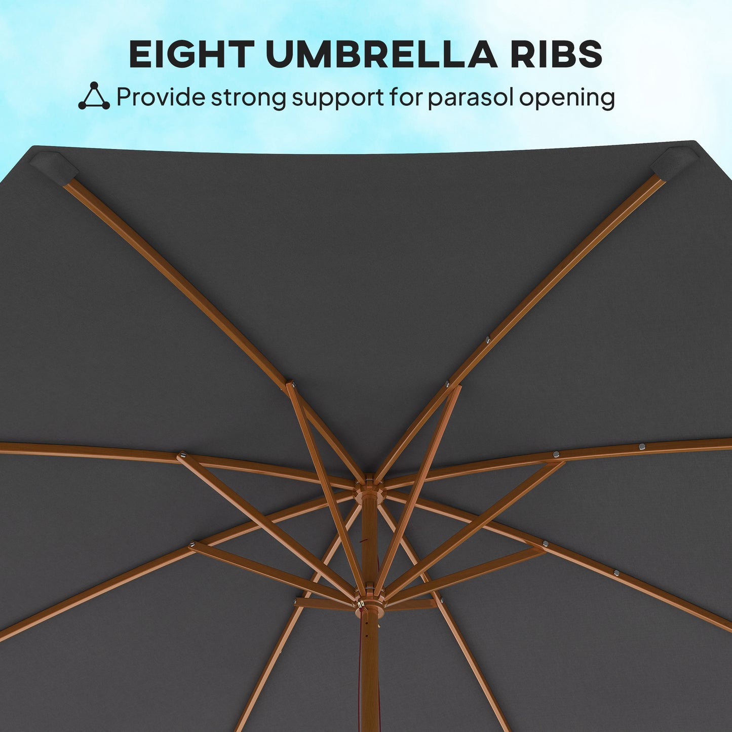 Outsunny 3m Wood Pole Parasol Umbrella Grey With Vented Canopy And Rope Pull Mechanism