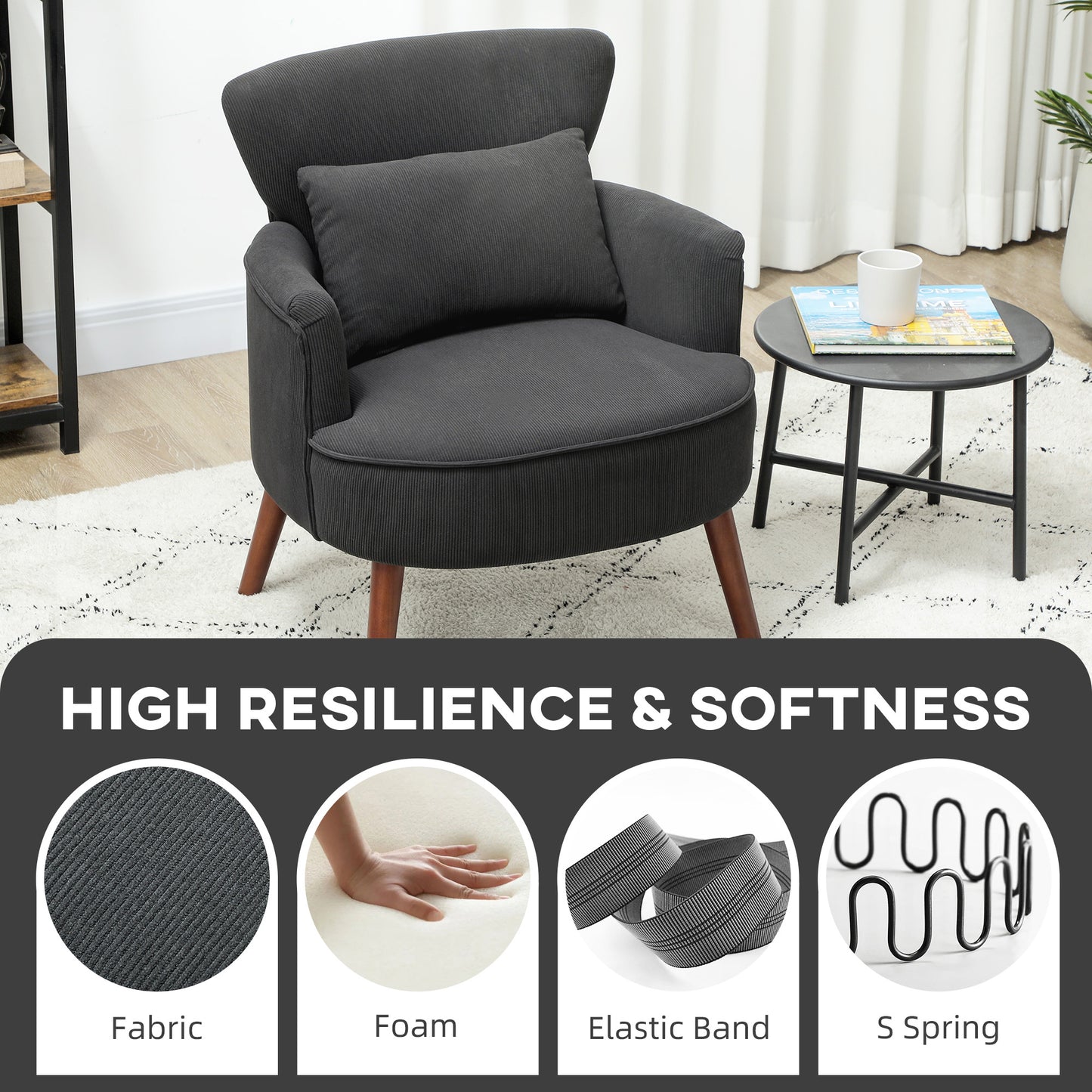 HOMCOM Corduroy Retro Wing Back Accent Chair For Small Spaces With Black Upholstery