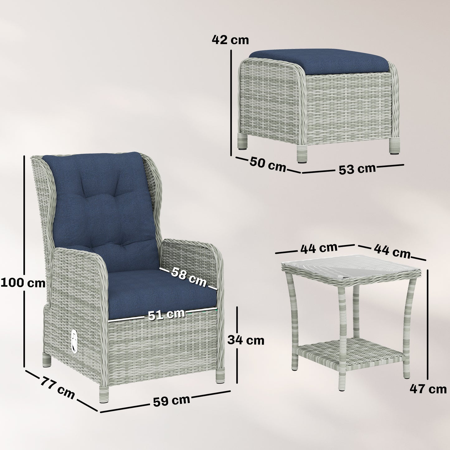 Outsunny 5 Piece Garden Furniture Set With Rattan Reclining Chairs Footstools Cushions With Table For Balcony Dark Blue
