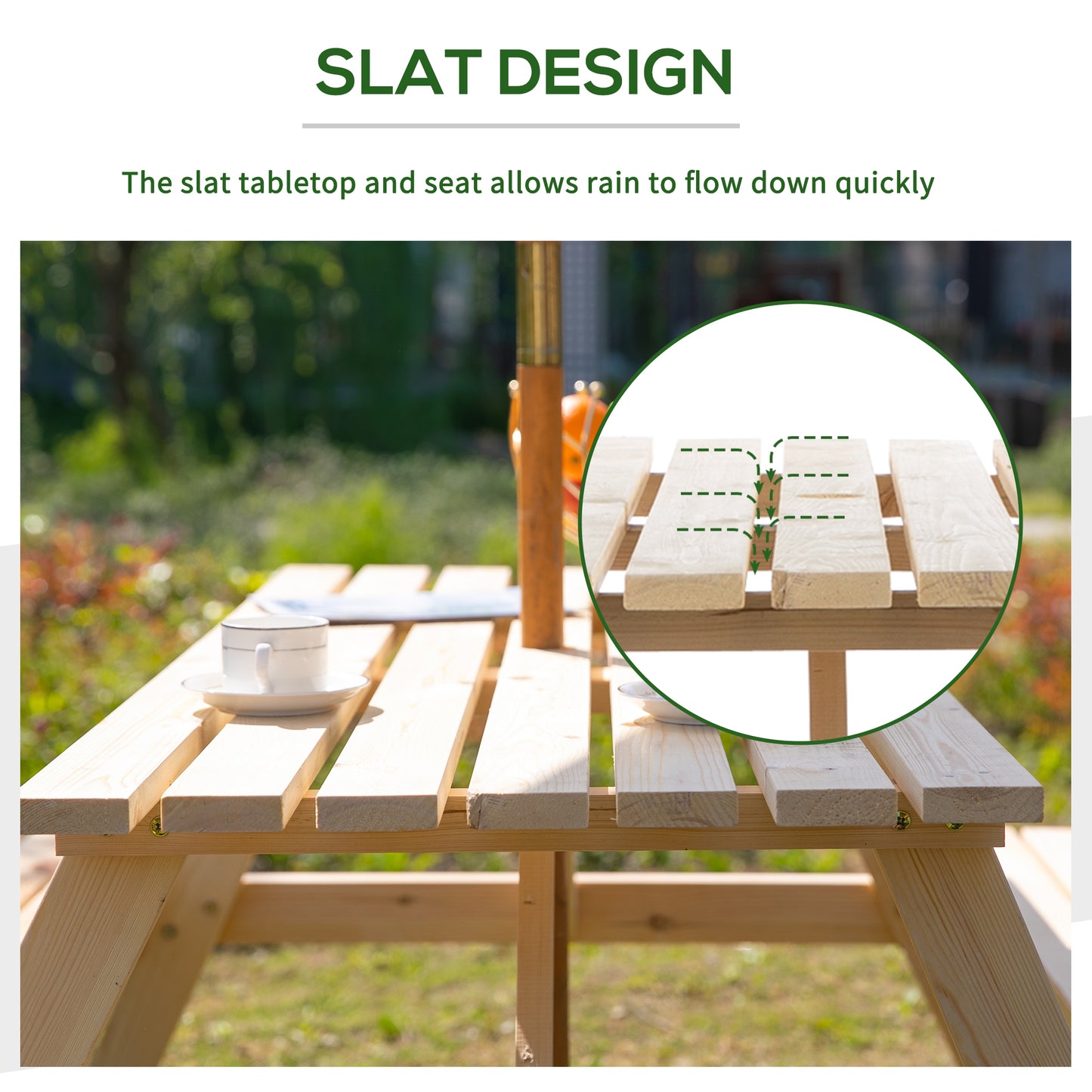 Outsunny 6 Seater Wooden Picnic Table Bench With Parasol Cutout 150 Cm Natural Wood Finish Outdoor Garden Patio