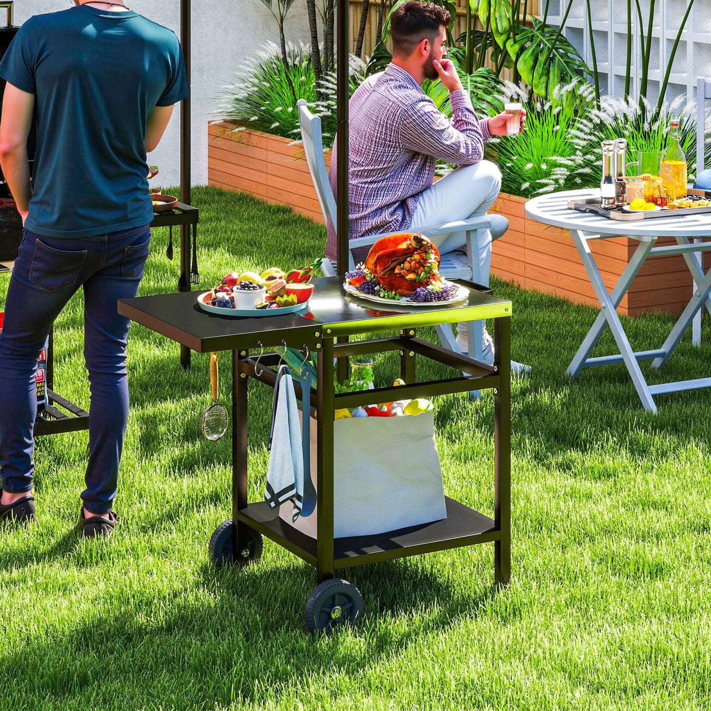 Outsunny Pizza Oven Table Cart With Stainless Steel Top And Foldable Side Table Hooks And Shelf Black