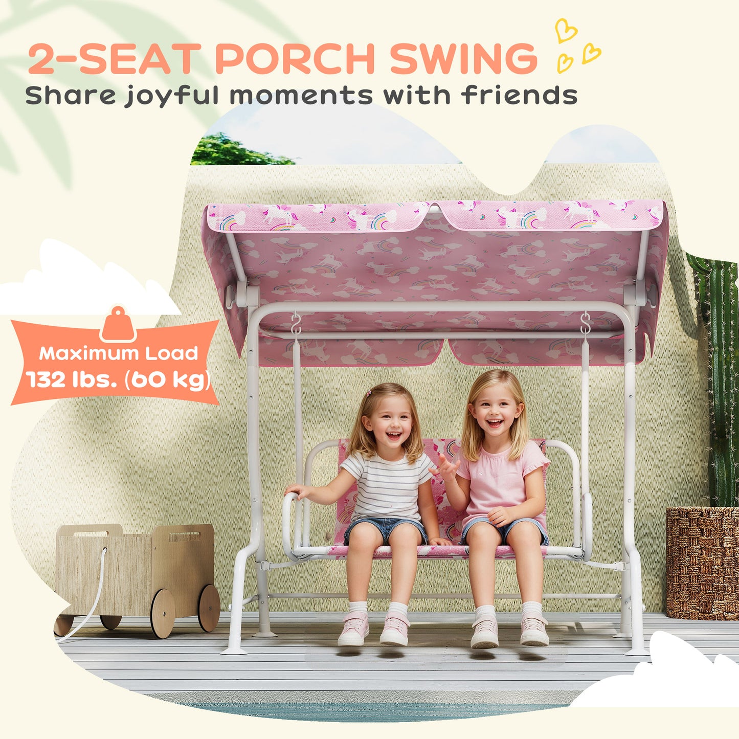 AIYAPLAY Pink 2 Seater Kids Porch Swing with Adjustable Canopy Garden Patio Hammock and Seat Belts Safari Animal Design