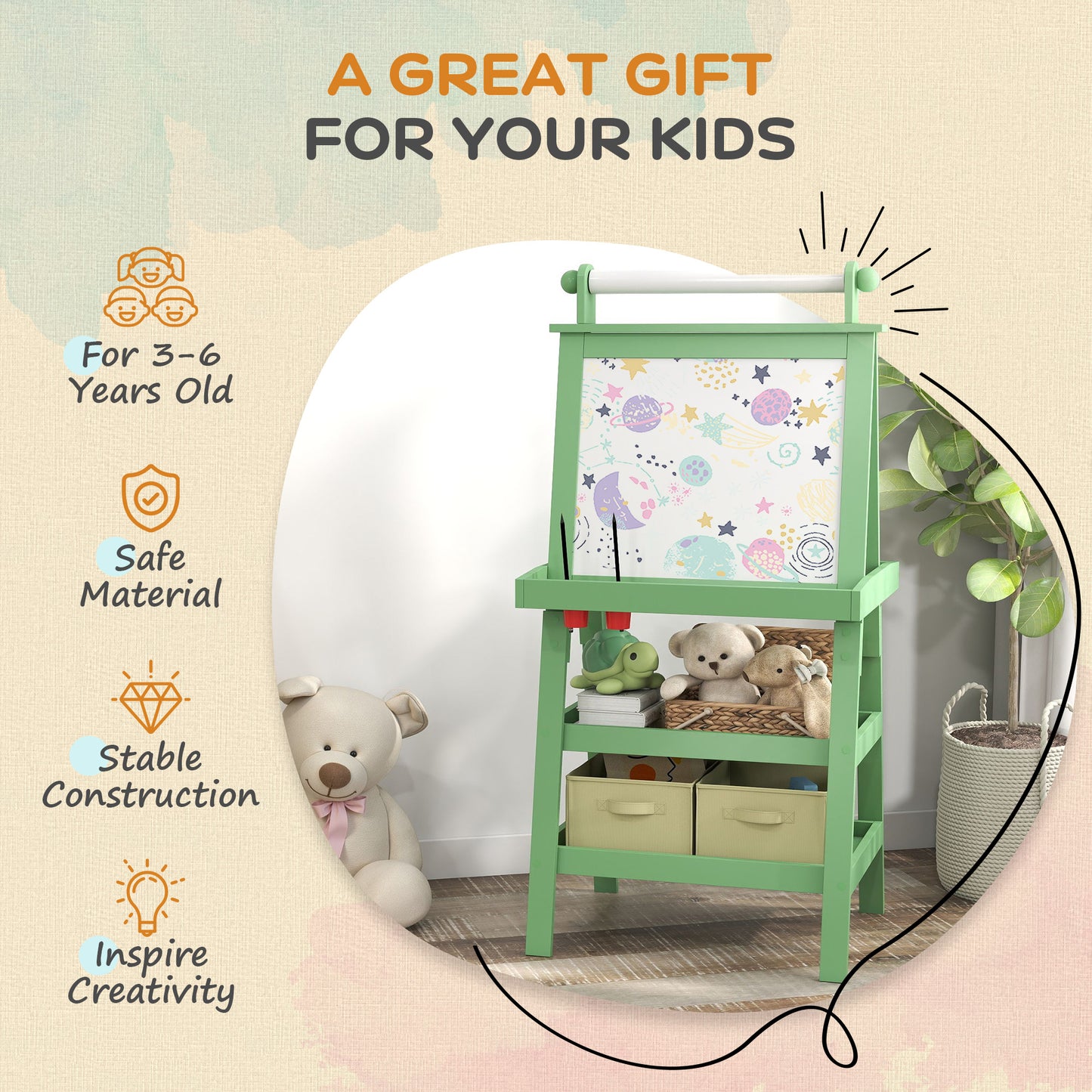 AIYAPLAY 3 In 1 Kids Easel Double Sided Magnetic Whiteboard And Chalkboard With Paper Roll Storage Baskets Green
